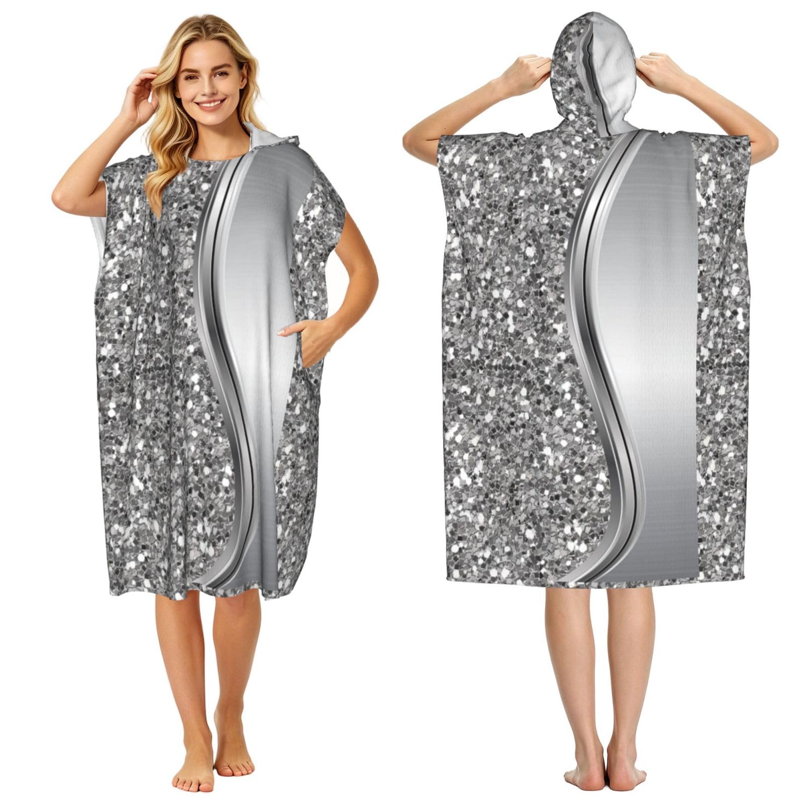 Poadnly Silver Faux Glitter Glam, Adult Hooded Beach Towel 90 x 110 cm,Changing Bath Robe, Surf Poncho Towel For Women Men