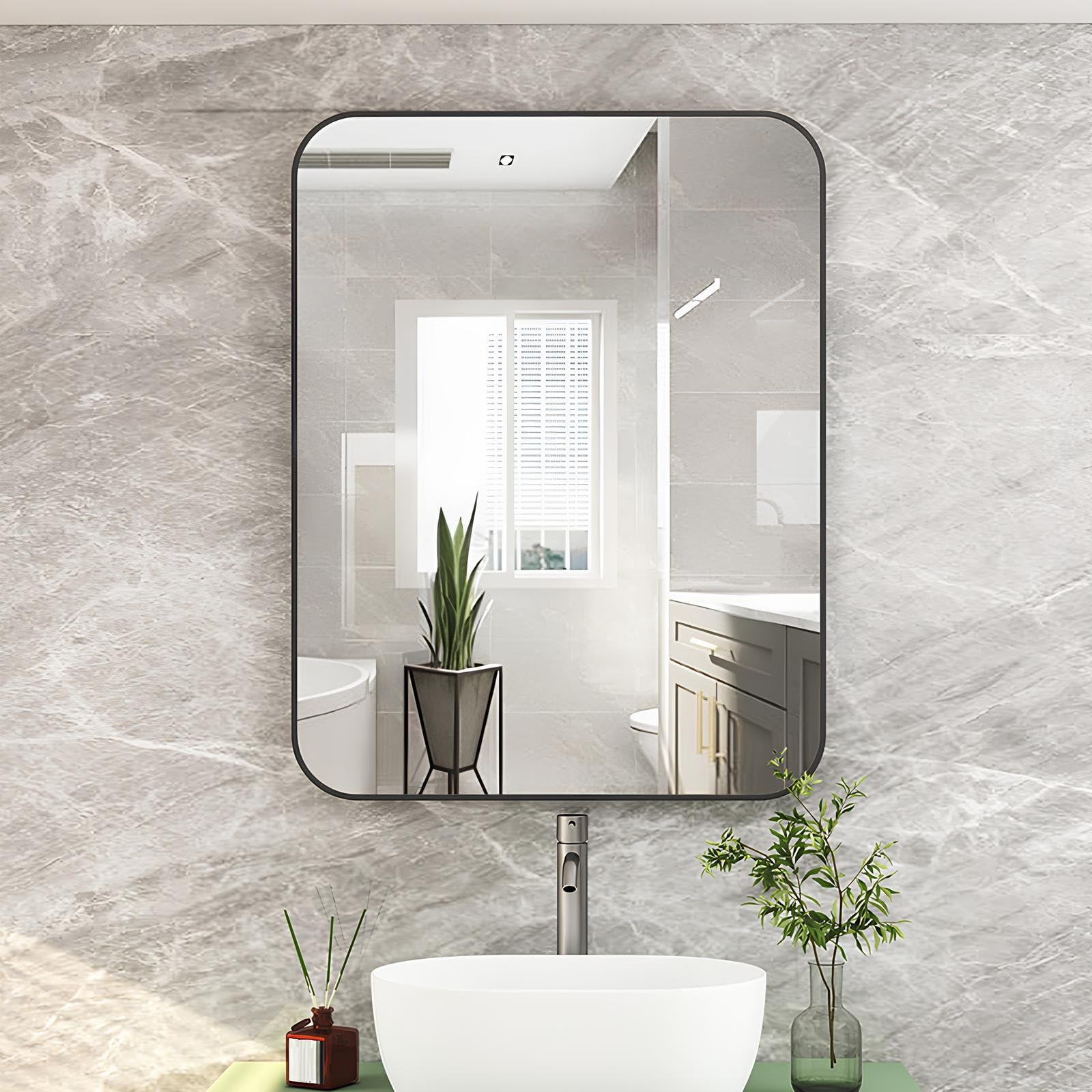 FGXHHS With Aluminum Frame, Rounded Rectangle Vanity Wall Mirror, Horizontal Or Vertical Mount For Bathroom, Living Room, Bedroom(Black,60x80cm/23.6x31.5in)