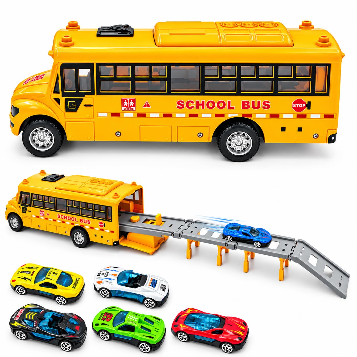 School Bus Race Track Toy, Yellow Bus Launcher with 6 Racing Cars for Kids