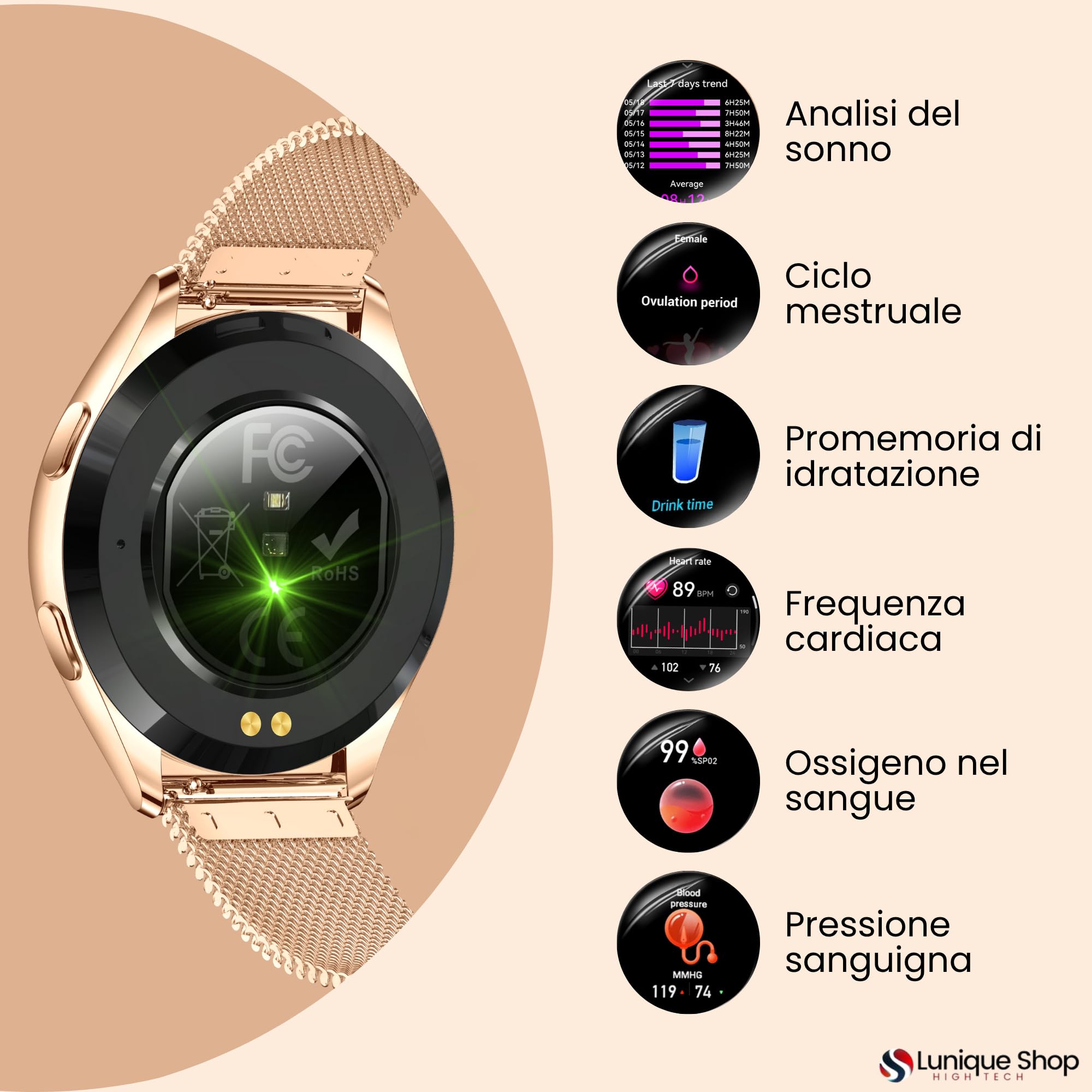 Orologio da donna con chiamate 1.6" – Smartwatch inteligente Oxygene Sanguin Tensione Cardiofrequenzimetro Passi Sonno Meteo Fisiologia Femminile iOS Android LSWATCH