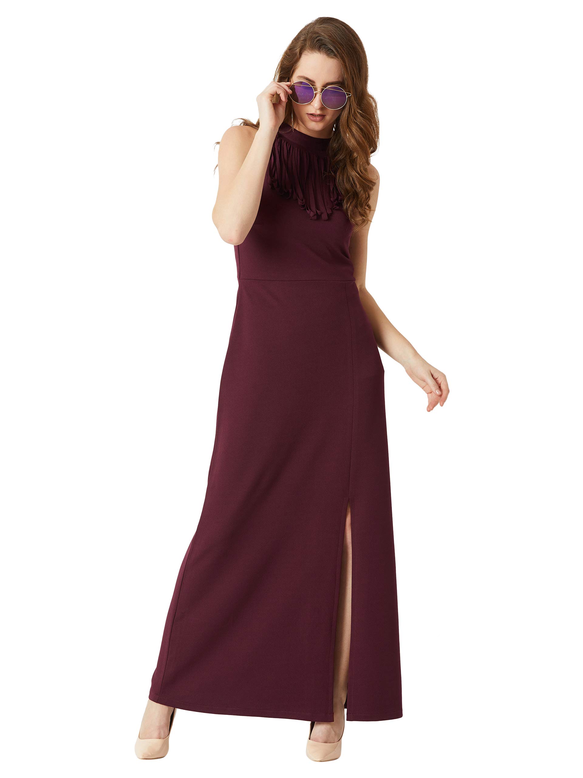 Miss Chase Women's Designer Wine Red Halter Neck Sleeveless Solid Maxi Front Slit Dress(Mcaw18D13-04-184-04, Wine Red, Medium)