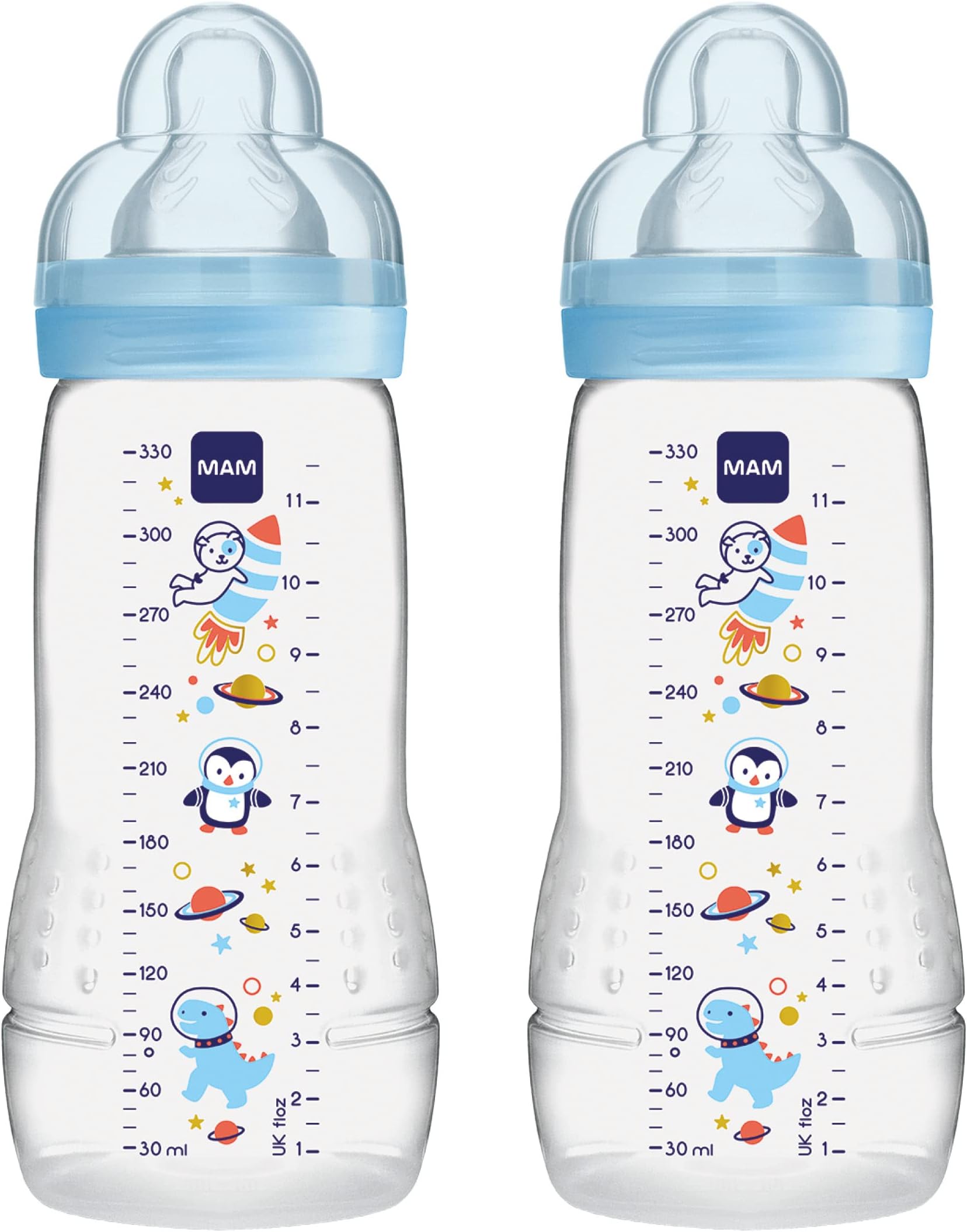 Easy Active Baby Bottle with Fast Flow MAM Teats Size 3, Twin Pack of Baby Bottles, Baby Feeding, 330 ml, Blue (Designs May Vary)
