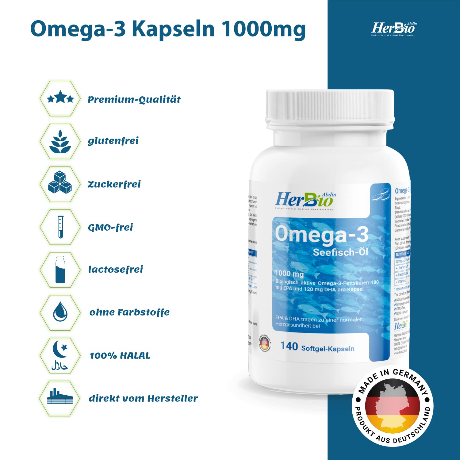 HerbBio Omega 3 1000 mg, 3 x 140 Softgel-Kapseln, hochdosiert