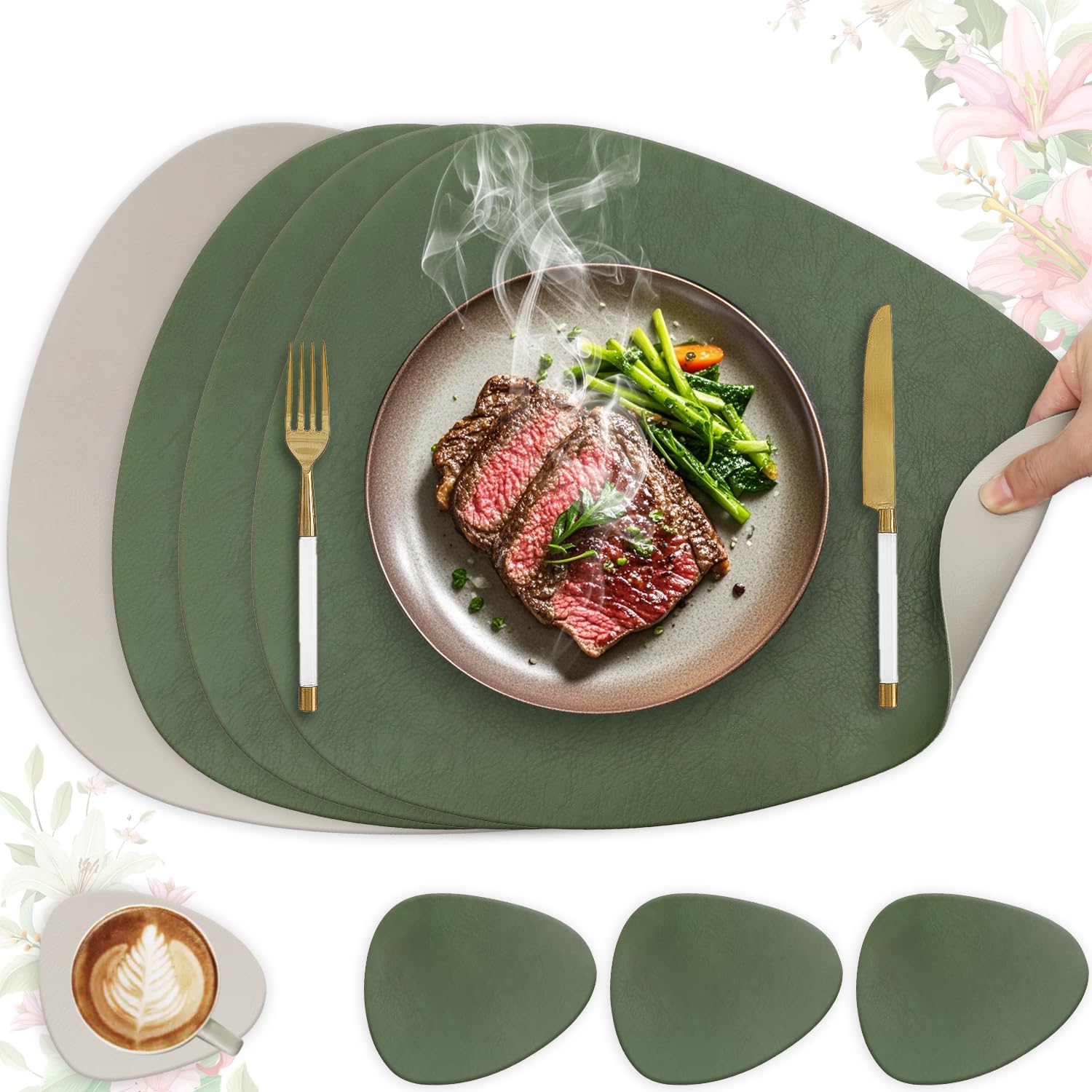 Heli MAIO Tischsets und Untersetzer 4er Set,Platzsets Abwaschbar und Doppelseitigen rutschfest Platzdeckchen,Tischset Leder Kunstleder,Platzdeckchen wasserdicht