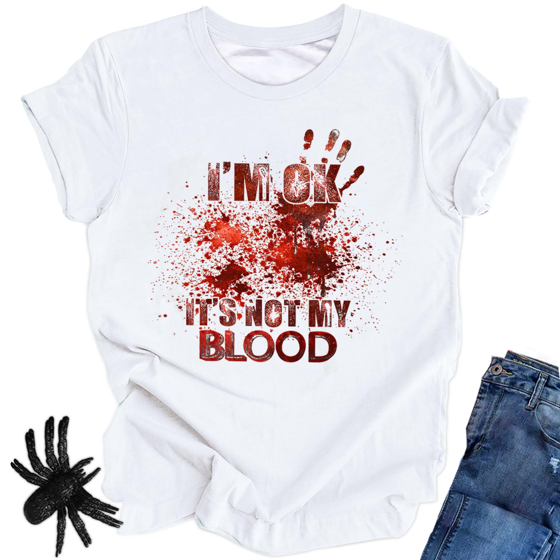 OCURHUI'm Fine Bloody Shirt Halloween Horror Blood Tshirts Funny Blood Bloodstained Splatter Halloween Costume
