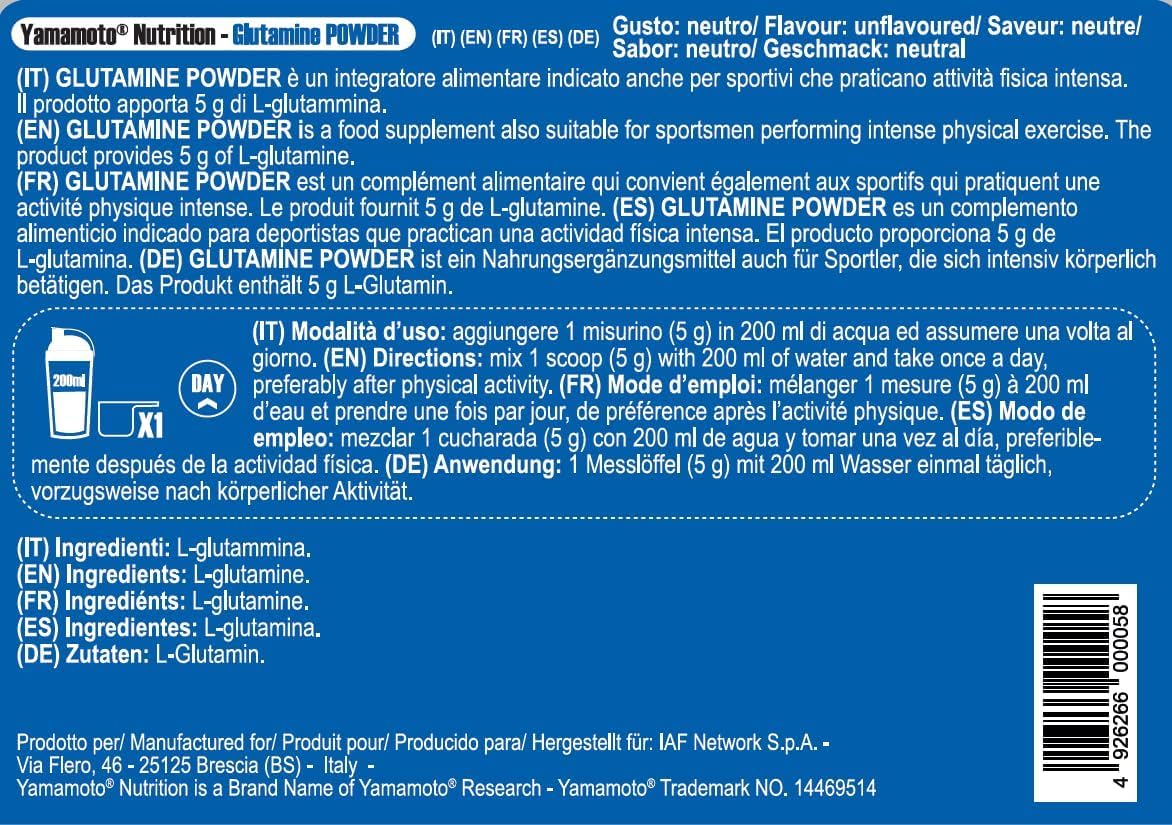 Yamamotò Glutamine Powder 300 grammi - glutammina non aromatizzata - ideale per crescita muscolare - Senza Glutine e Senza Lattosio