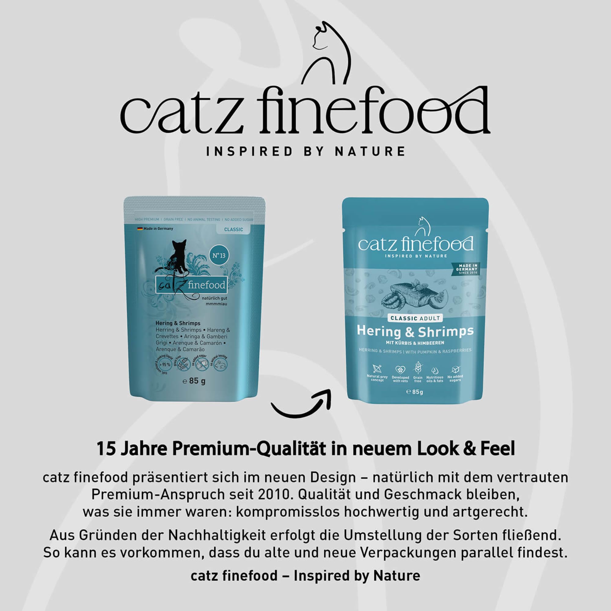 catz finefood N° 13 Śledź i krewetki karma dla kotów na mokro, uszlachetniona dynią i aloesem, 16 x 85 g worek