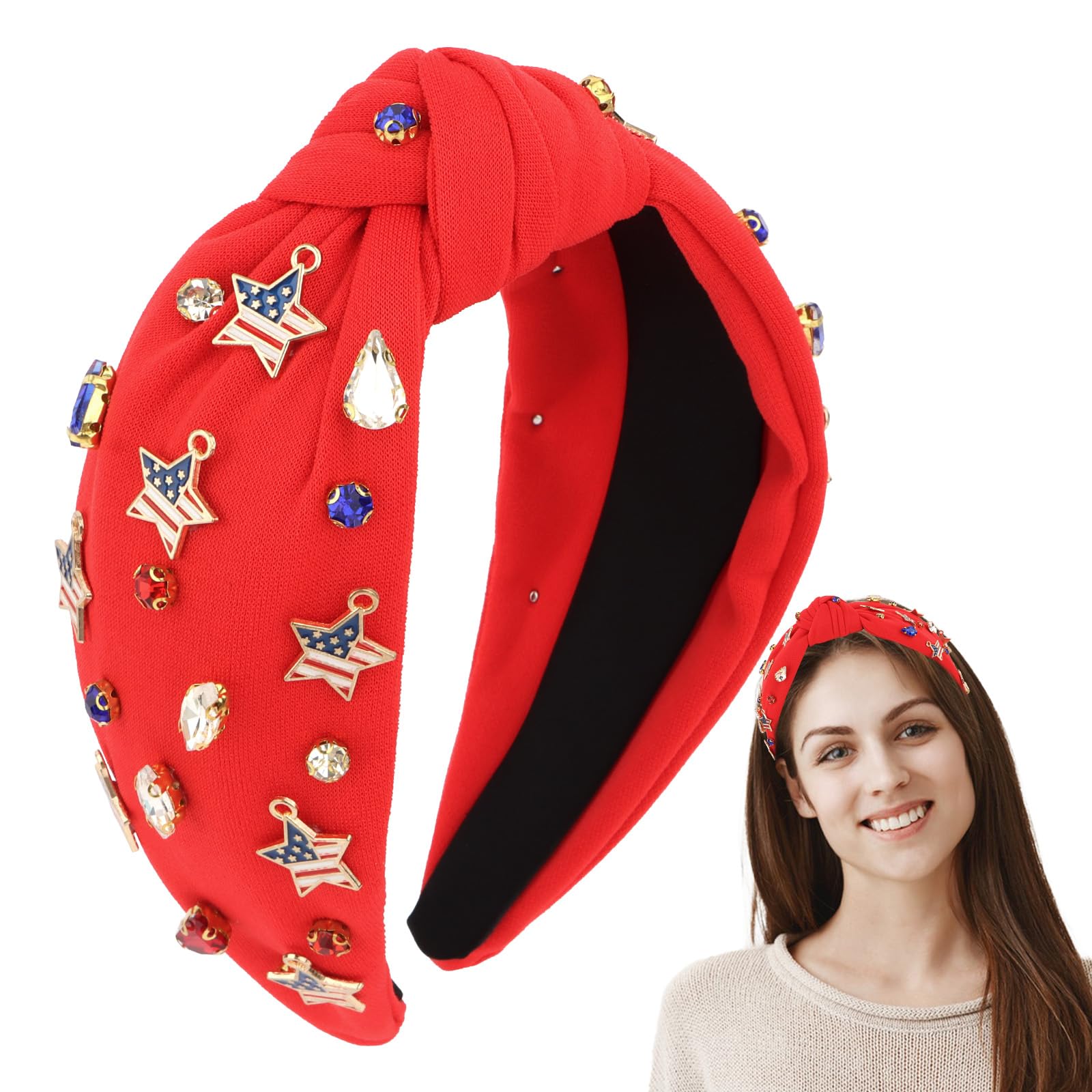 ACO-UINT 4th of July Knotted Headband Patriotic American Flag Star Rhinestone Hair Band for Women Independence Day Memorial Day Party Parade Outfit Accessories(Red)