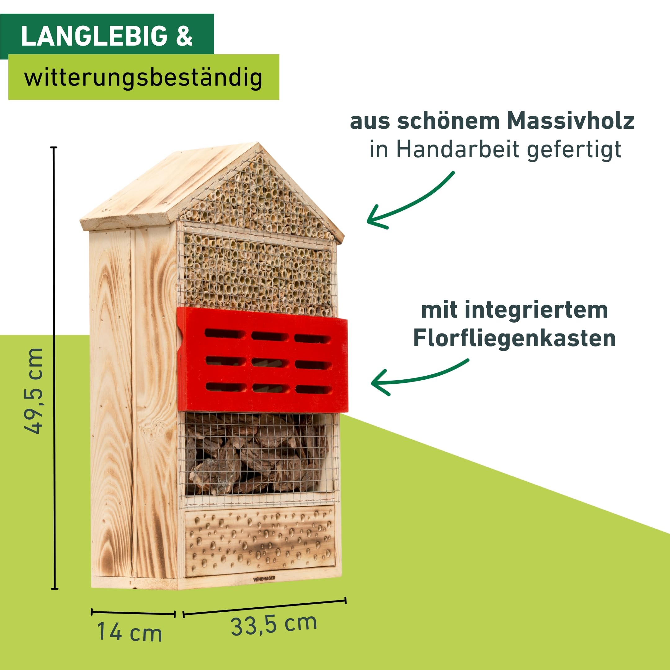 Windhager Insektenhotel 5 Sterne, Insektenhaus Nistplatz Brutplatz, Schutz für viele Insekten, aus Massivholz, gefüllt mit Rinde und Schilfrohr, 06974