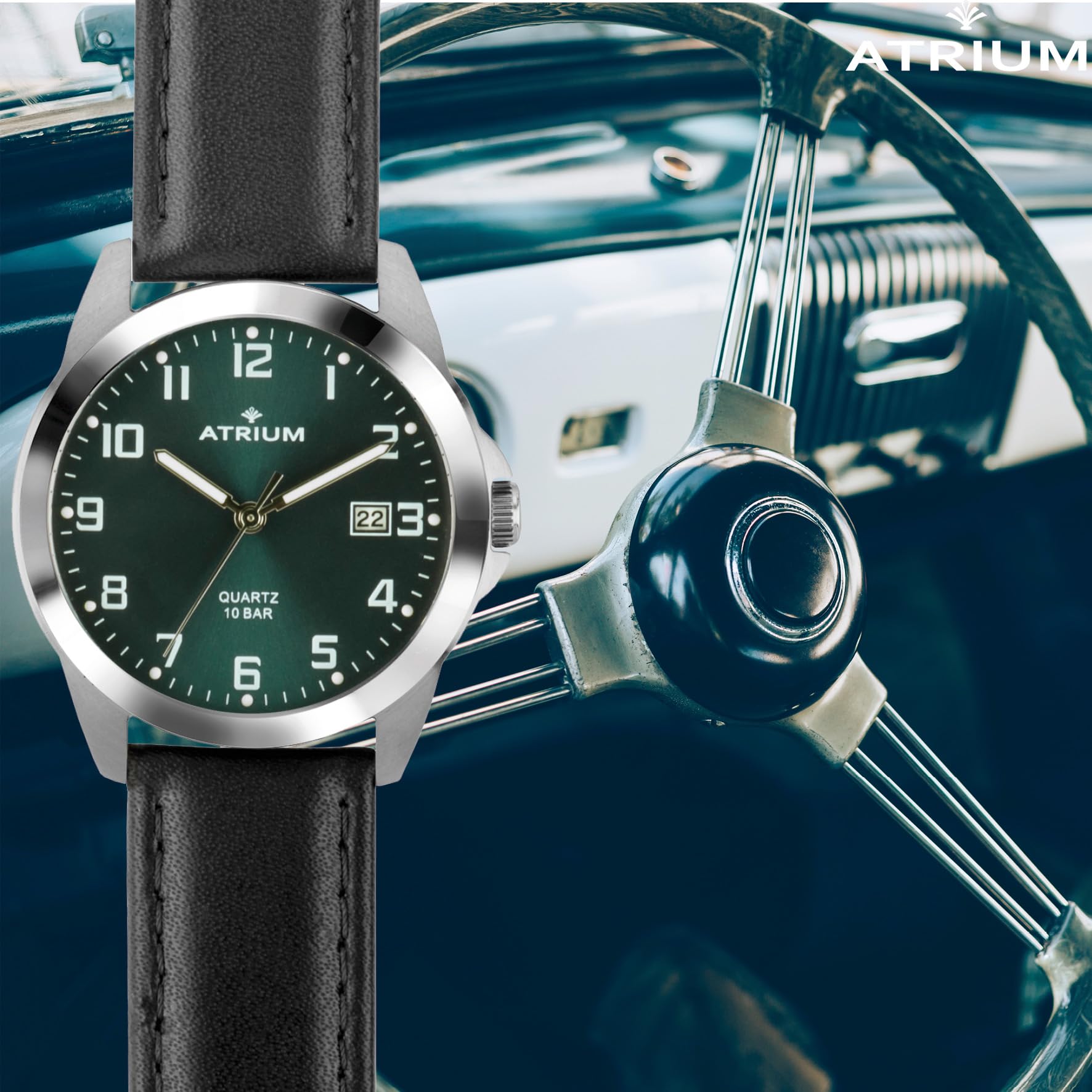 Atrium Herren-Armbanduhr Edelstahl Analog Quarz 10 bar mit Datum, Leuchtzeiger, sehr deutliches Zifferblatt Dunkelgrün und Lederband schwarz A16-16