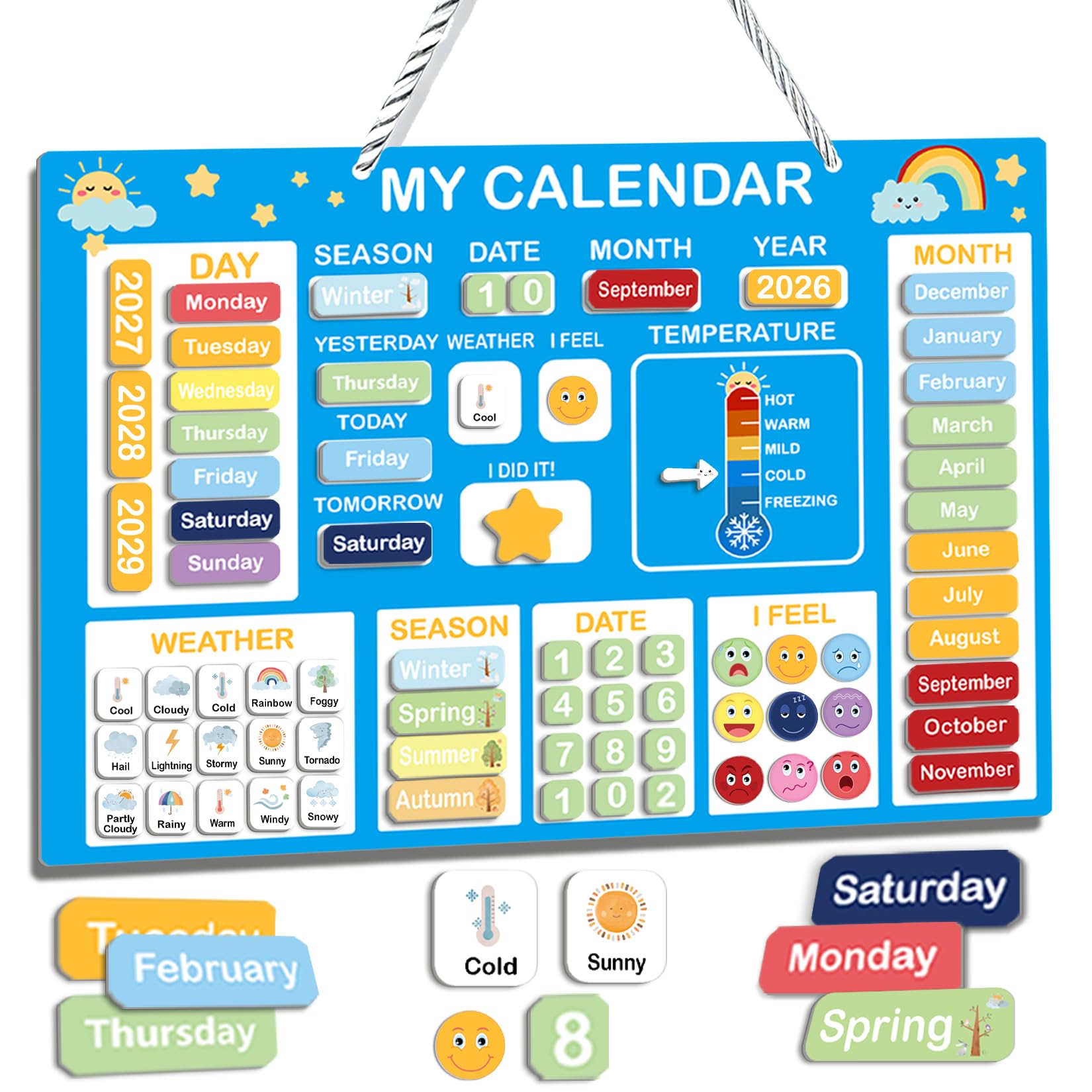 Magnetic Kids Calendar for Learning, My First Daily Magnetic Calendar with Days of The Week, Weather and Feeling, Month Season, Circle Time Calendars for Kids Wall Preschool Homeschool Supplies(kids2)