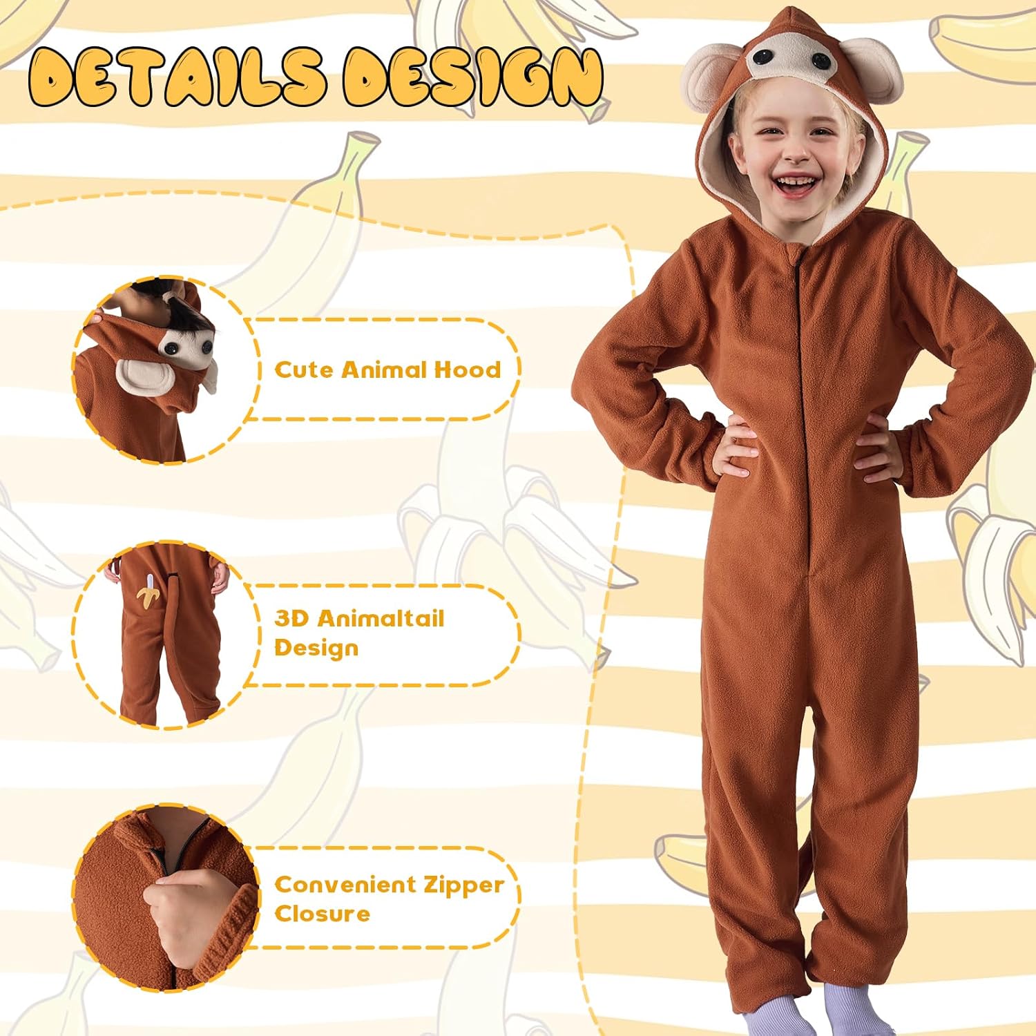 Kids Monkey Onesie Pajamas - Flannel Hooded Animal Jumpsuit Sleepwear for Boys Girls, Halloween Costume & Cosplay - Image 2