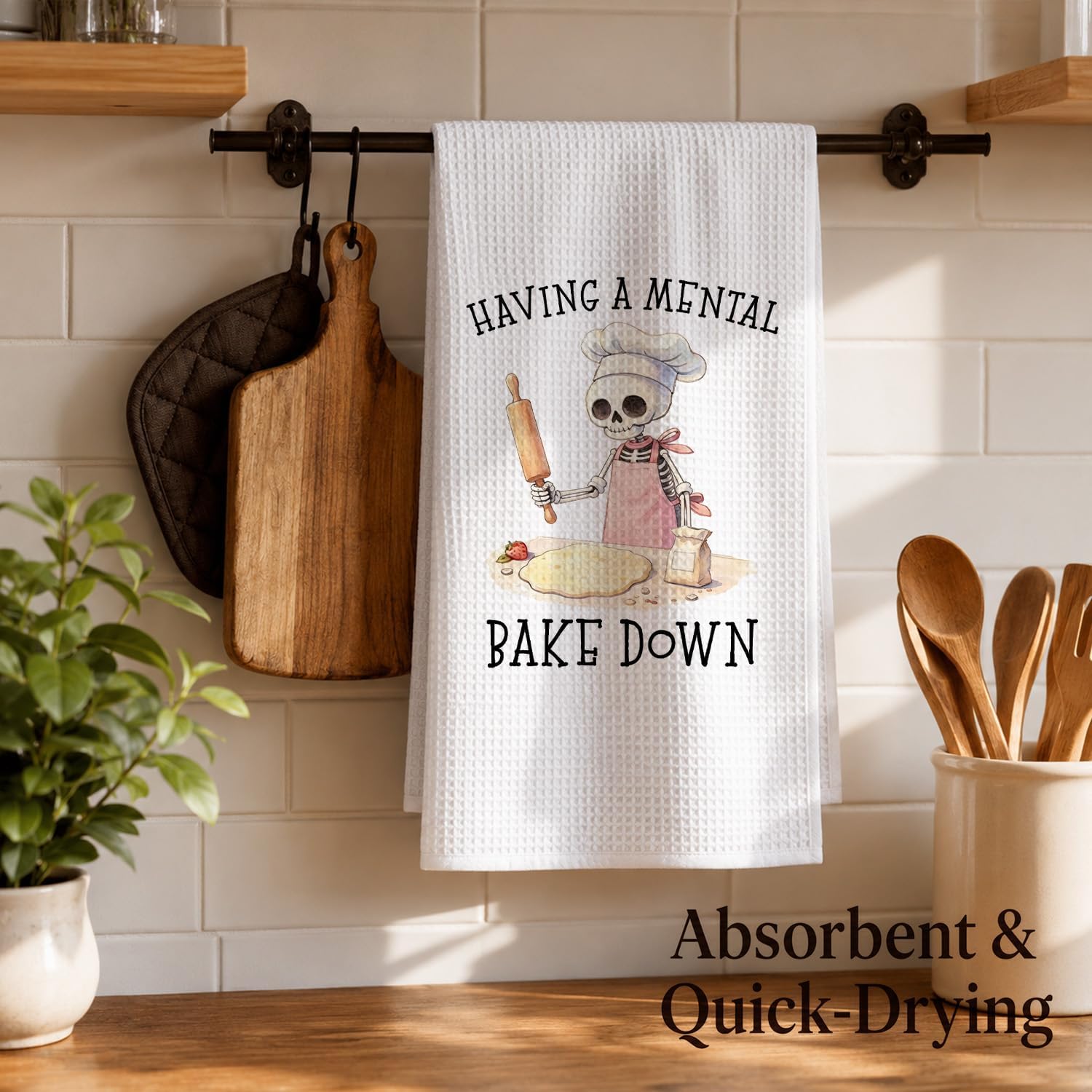 Funny Gothic Skeleton Baking Kitchen Towels, Bakers Baking Lovers Gifts Dish Tea Towels, Having a Mental Bake Down Decorative Hand Towel for Kitchen Bakery, 16x24 Inch image 5