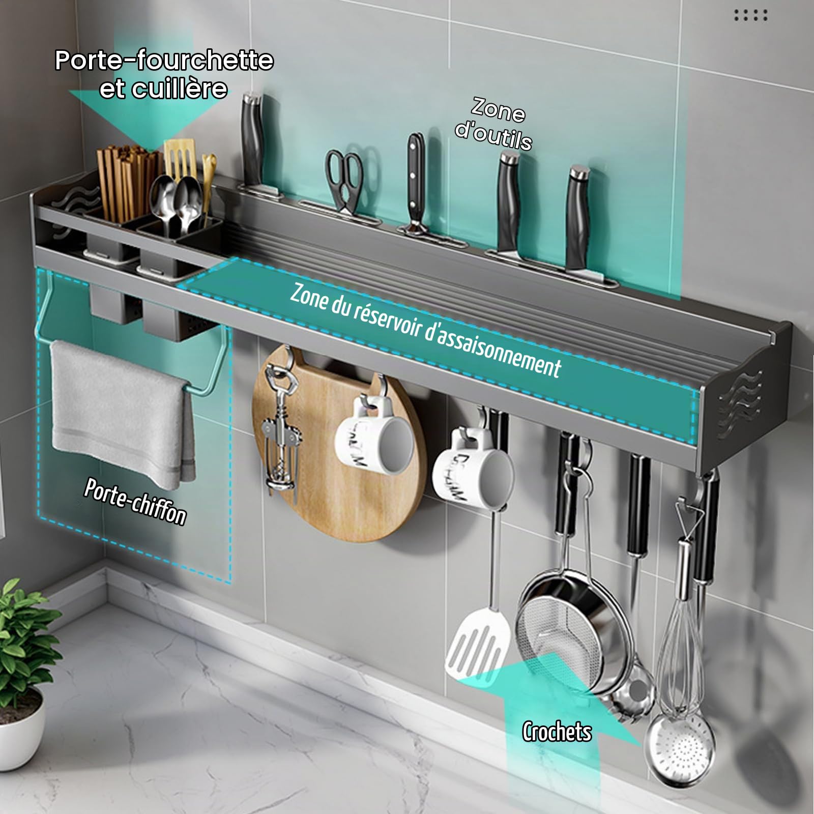 Etagere A Epices Murale Cuisine Rangement Epices Cuisine Porte Epices Mural Range Epice Etagere Cuisine Sans Percage En Aluminium Avec Porte-Couteau, Crochet,70CM