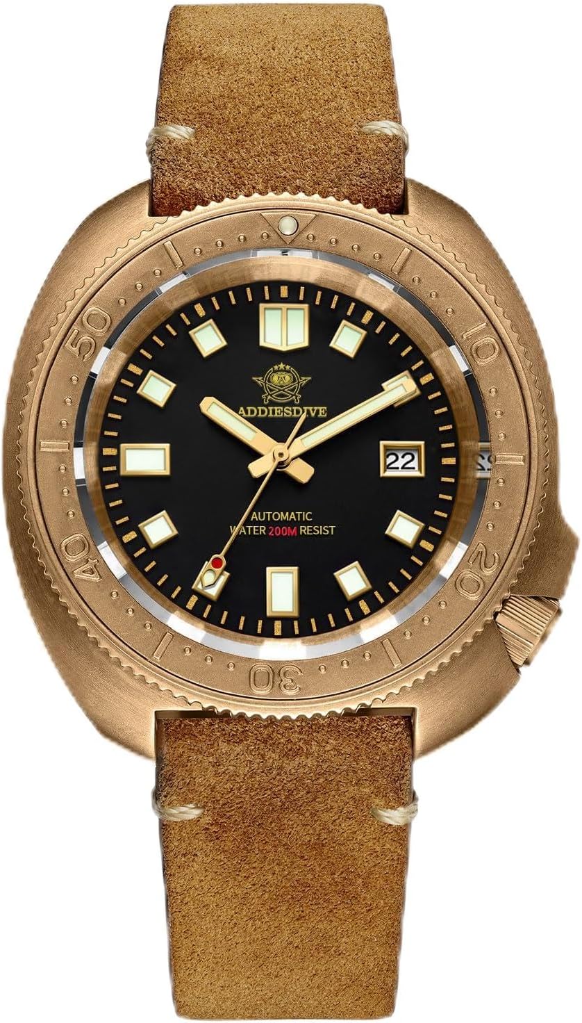 ADDIESDIVE Analog Mens Automatic Dive Black Dial Watch Wristwatch 200 M Waterproof Vintage Genuine Suede Leather Strap, Ad2104, Retro Bronze Watches