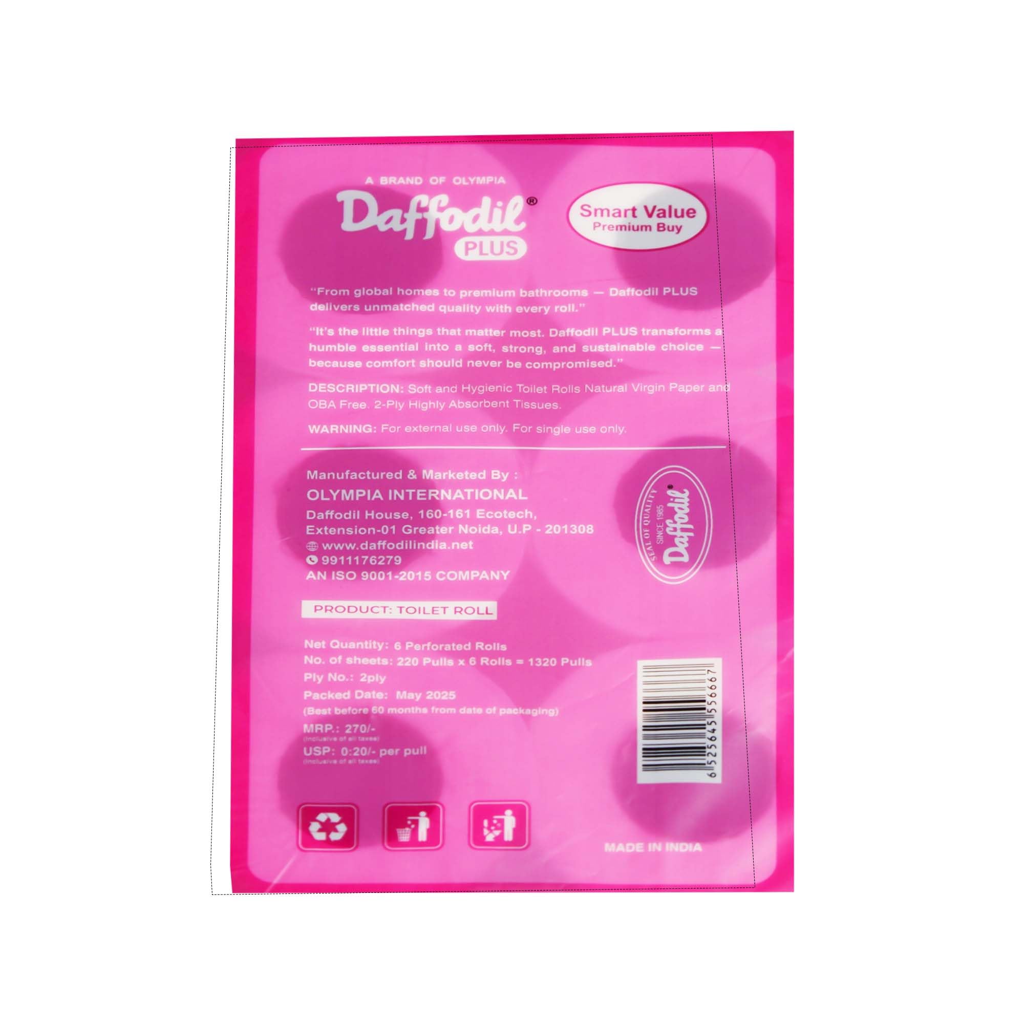 DAFFODIL 2Ply Toilet Paper Tissue – 6 Packs (220 Pulls/Roll, 1320 Pulls Total, 2640 Sheets) UltraSoft Toilet Paper Roll, Strong and Long Lasting for Home or Office Use, - Image 8 thumbnail