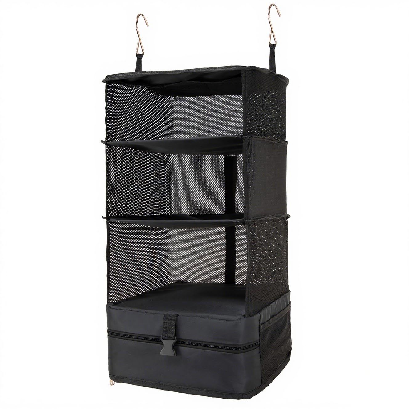 Hongmeru Hanging Suitcase Organiser with Metal Hooks, Instant Wardrobe for Suitcase, Foldable Travel Packing Shelves for Luggage Organisers, Portable Hanging Travel Shelves for Wardrobe, M, Black