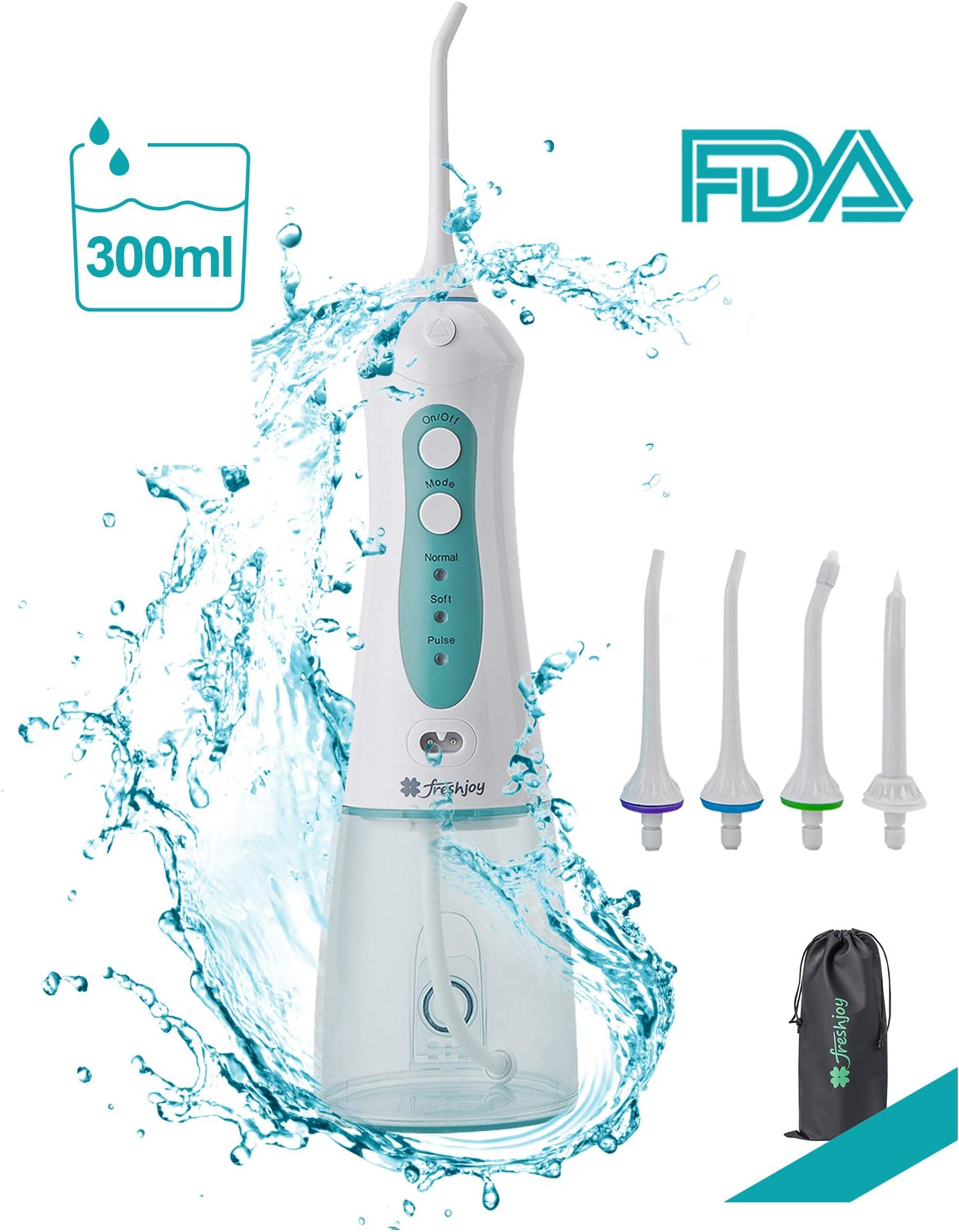 Freshjoy Cordless Water Flosser Portable Oral Irrigator 300ml Reservoir IPX7 Waterproof FDA With 4 Jet Tips and 3 Modes for Home and Travel (T-Blue)