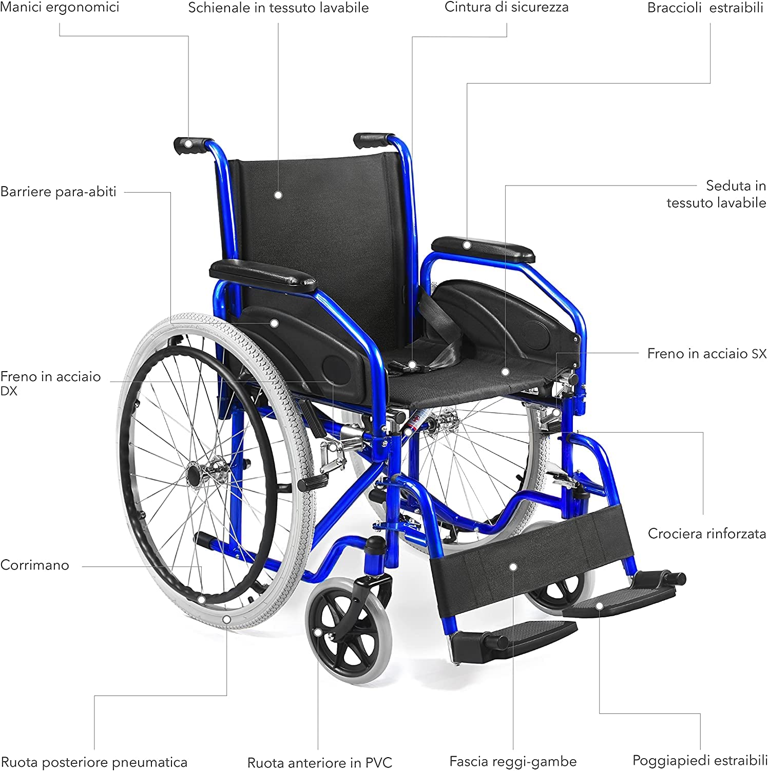 Silla de ruedas autopropulsada ligera para discapacitados y personas mayores | Reposabrazos y reposapiés desmontables |Cinturón de seguridad | Garantía de 24 meses Negro
