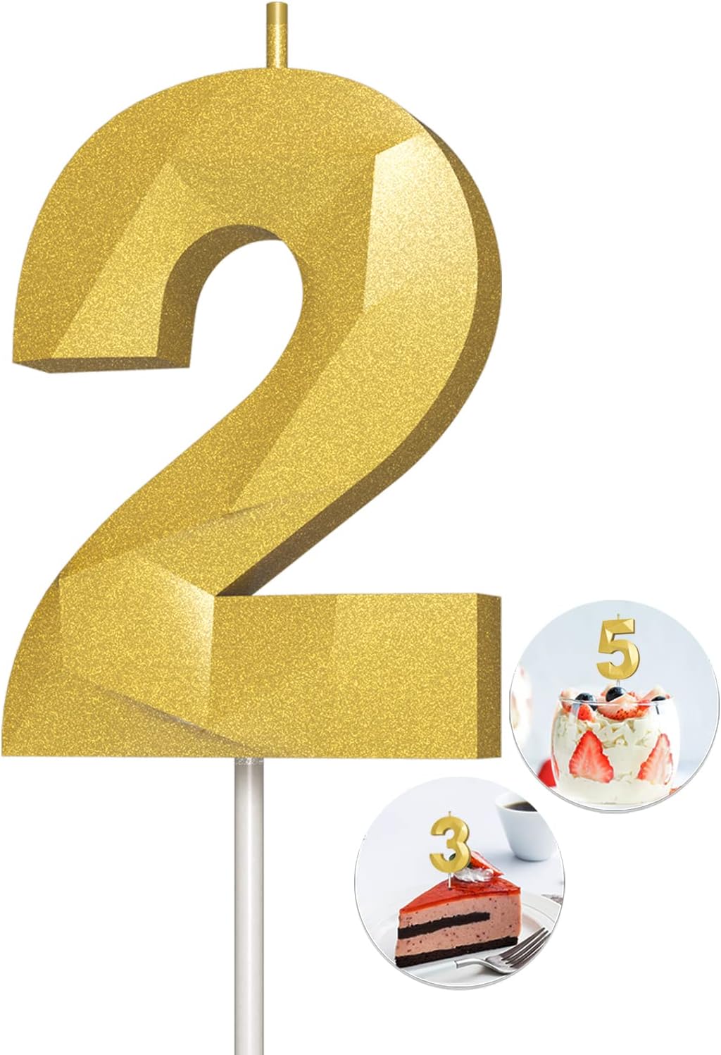 Number Birthday Candles(2 Candle Gold) 3D Diamond Shape