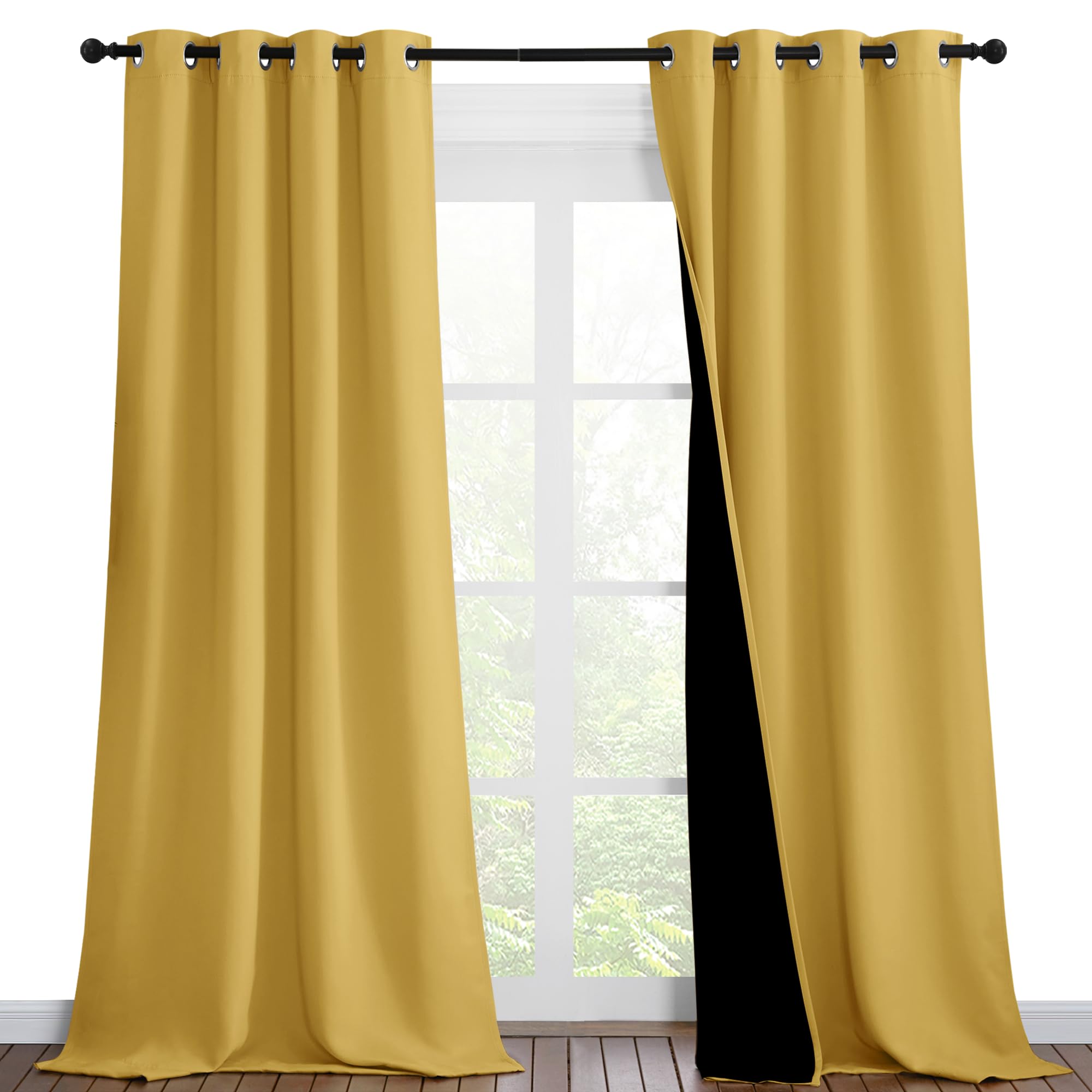 NICETOWN 100% Blackout Blinds, Set of 2, 46 inches x 96 inches, Laundry Room Decor Window Treatment Curtains for Large Patio Sliding Door, Thermal Insulated Bright Yellow Curtains for Bedroom