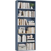 FOTOSOK 6 Tier Tall Bookshelf and Bookcase with Open Display Shelves, Blue | Industrial Tall Bookcases with Storage, Freestanding Book Shelf for Home Office, School Library , Living Room, Narrow Space
