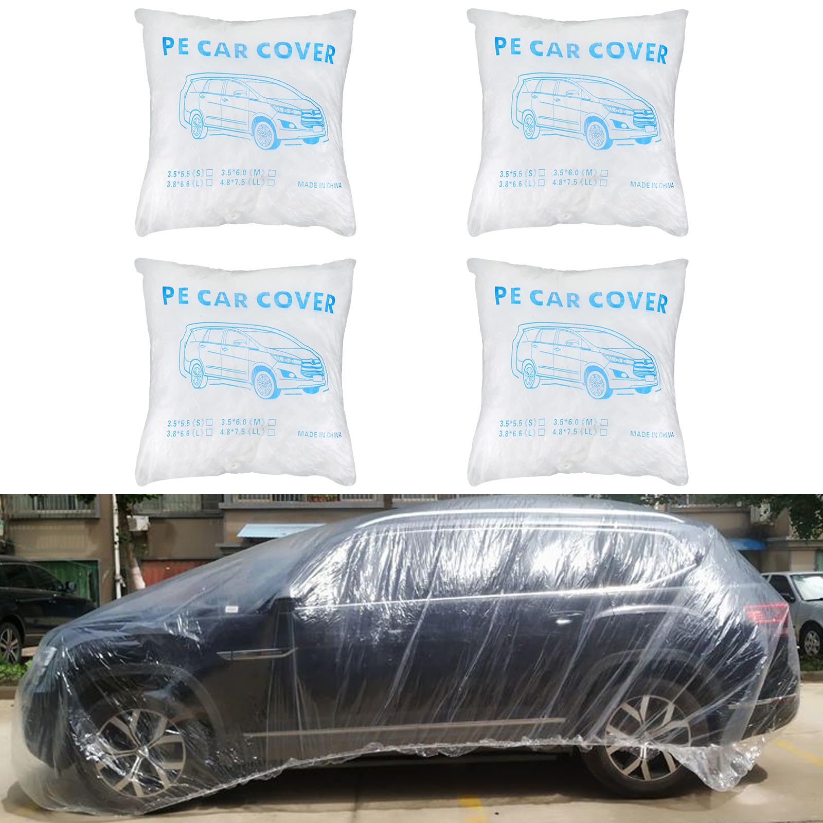 4 Pack Disposable Car Covers Clear Plastic Car Cover Universal Vehicle Cover Rain Dust Garage Cover Car Protective