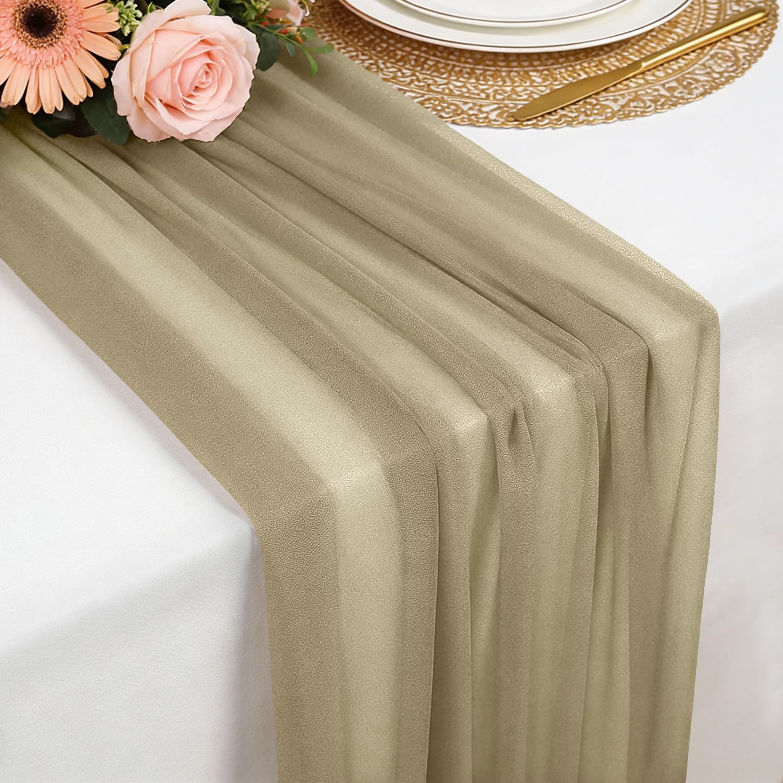 Chiffon Table Runner Champagne, 77 x 300 cm Soft and Comfortable Table Runner for Boho Wedding, Party, Baptism Decor, Baby Shower, Bridal Shower Kitchen Table Decoration