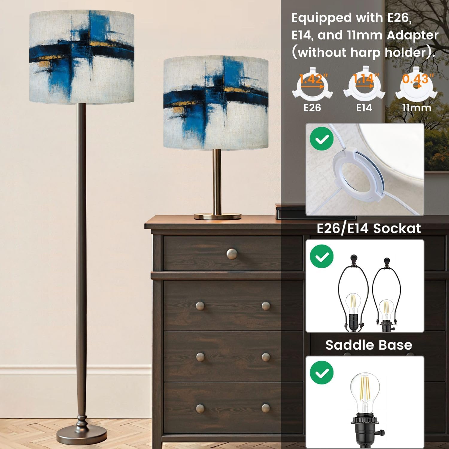 Lamp Shades Set of 2 Abstract White Gray Blue Hues Yellow Accents Lines Vertical Layered Drum Lampshades 8.9"x11"x11" for Table Lamps Floor Lamps Pendant Light Replacement Large Linen Lamp Shade