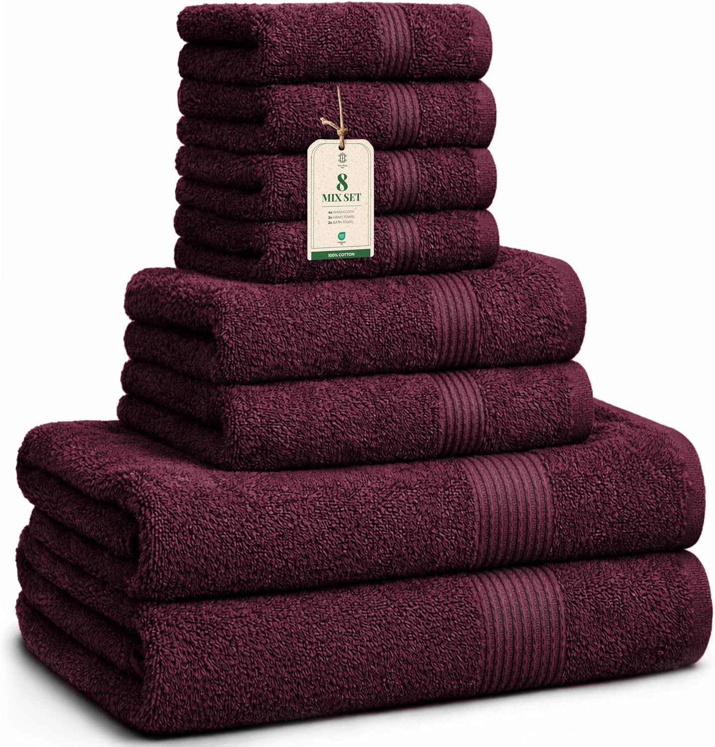 Luxe Zestaw ręczników 8 sztuk: rękawice (30×30 cm), ręczniki (40×70 cm) & kąpielowe (65×137 cm) – 100% bawełna, miękkie, chłonne, Bordowy Aksamit