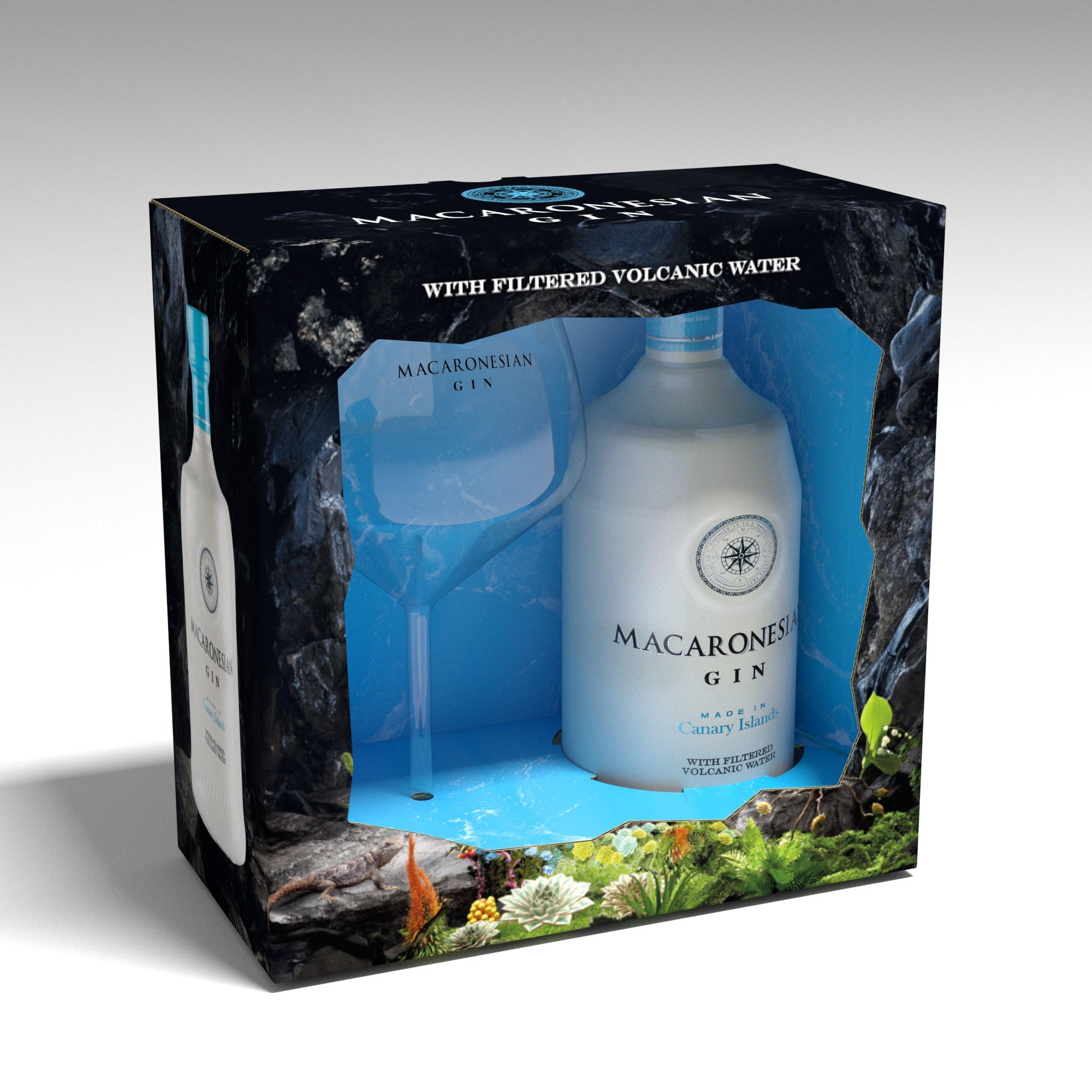 Macaronesian Ginebra Premium de las Islas Canarias con agua filtrada en galerías volcánicas - 37,5% vol. - botella de 700ml + copa de regalo