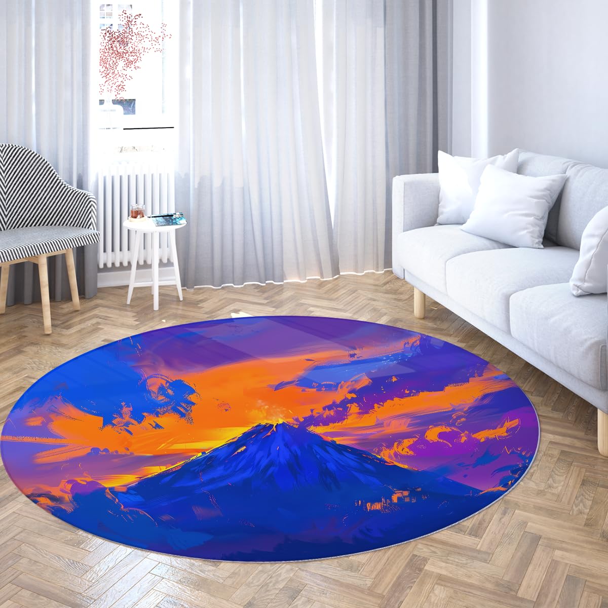 Tapis rond lavable de haute qualité paysage montagne orange indigo 100cm