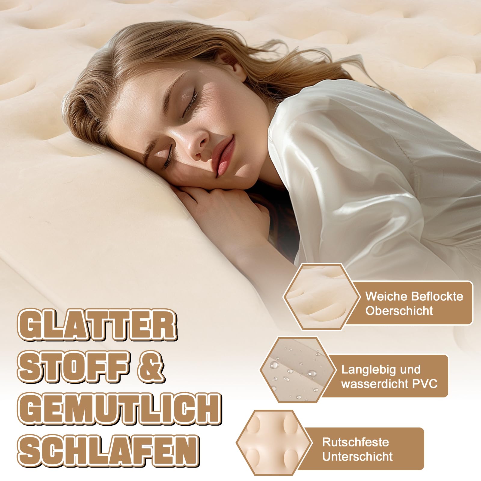 Charmofun Luftmatratze für 2 Personen, Luftbett mit integrierter Pumpe | Komfortable Luftmatratze mit integrierter Pumpe und beflockter Oberfläche für Camping, Gästezimmer. 200 × 154 × 43 cm
