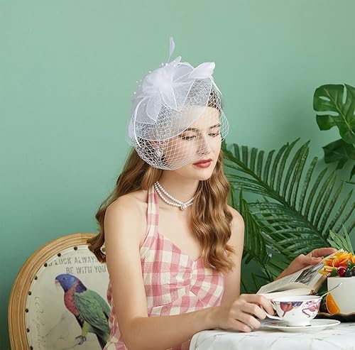 Miniatura 2 de Sombreros inspirados en el estilo de los años 20 y 50, sombrero pastillero, sombrero de cóctel, fiesta de té, sombrero con velo para niñas y mujeres