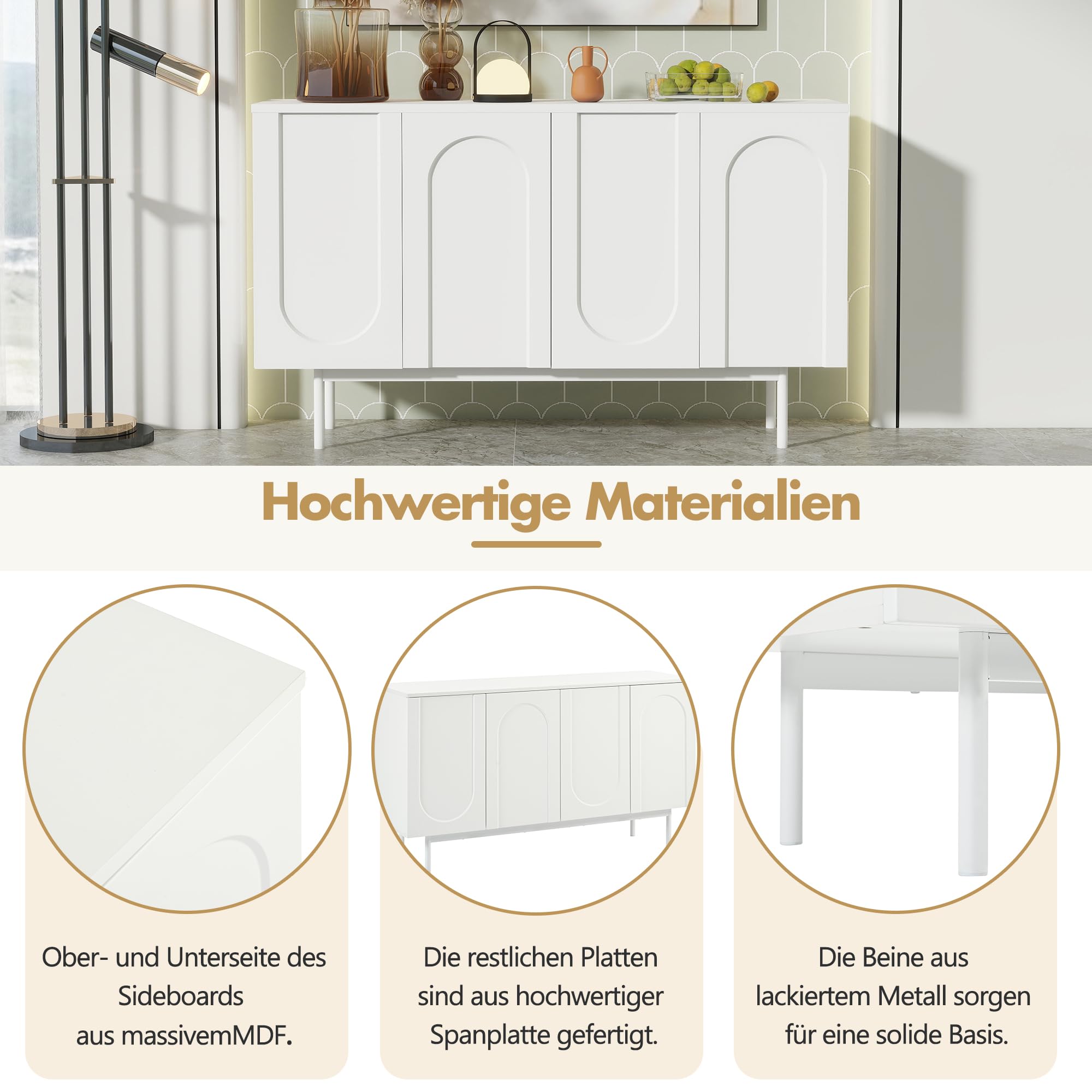 Kredens z 4 drzwiami, biały, MDF, 140 x 42 x 80 cm, nowoczesny, minimalistyczny design z łukowym wzorem, do jadalni i salonu