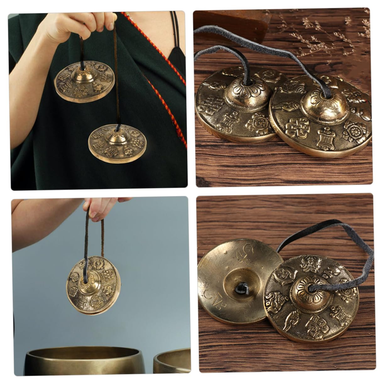 Cimbali in Rame Dorato per Meditazione e Rituali Motivi Vintage di Buon Auspicio, Strumenti Percussivi Etnici per Benedizione ed Esorcismo