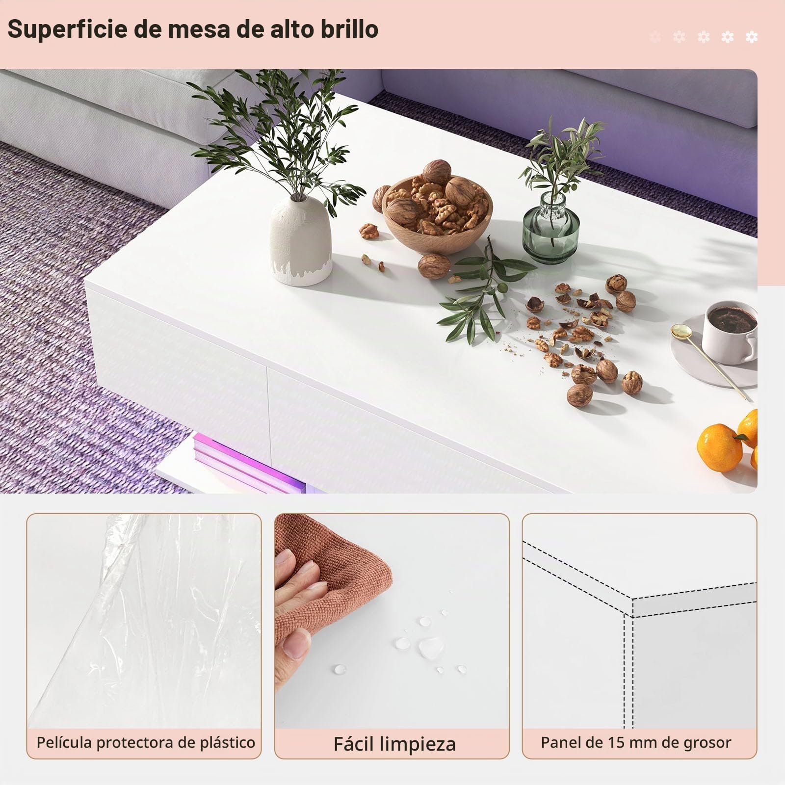 LIFEZEAL Mesa de Centro con LED, Mesa de salón Alto Brillo con Tira de luz y Mando a Distancia, Mesa de café Moderna con 2 cajones, Mesa Centro Iluminado para salón, Oficina (Blanco)