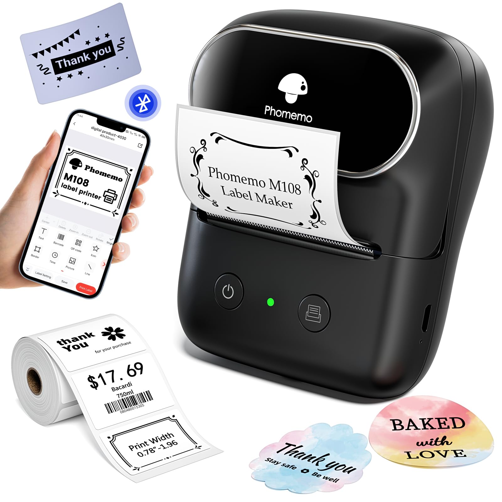 Phomemo Label Maker - M108 Bluetooth Address Label Makers for Small Business, Home, Office, 2 Inch Barcode Label Printer with 300+ Templates, Sticker Printer for Address/Logo/Clothing Label, Black