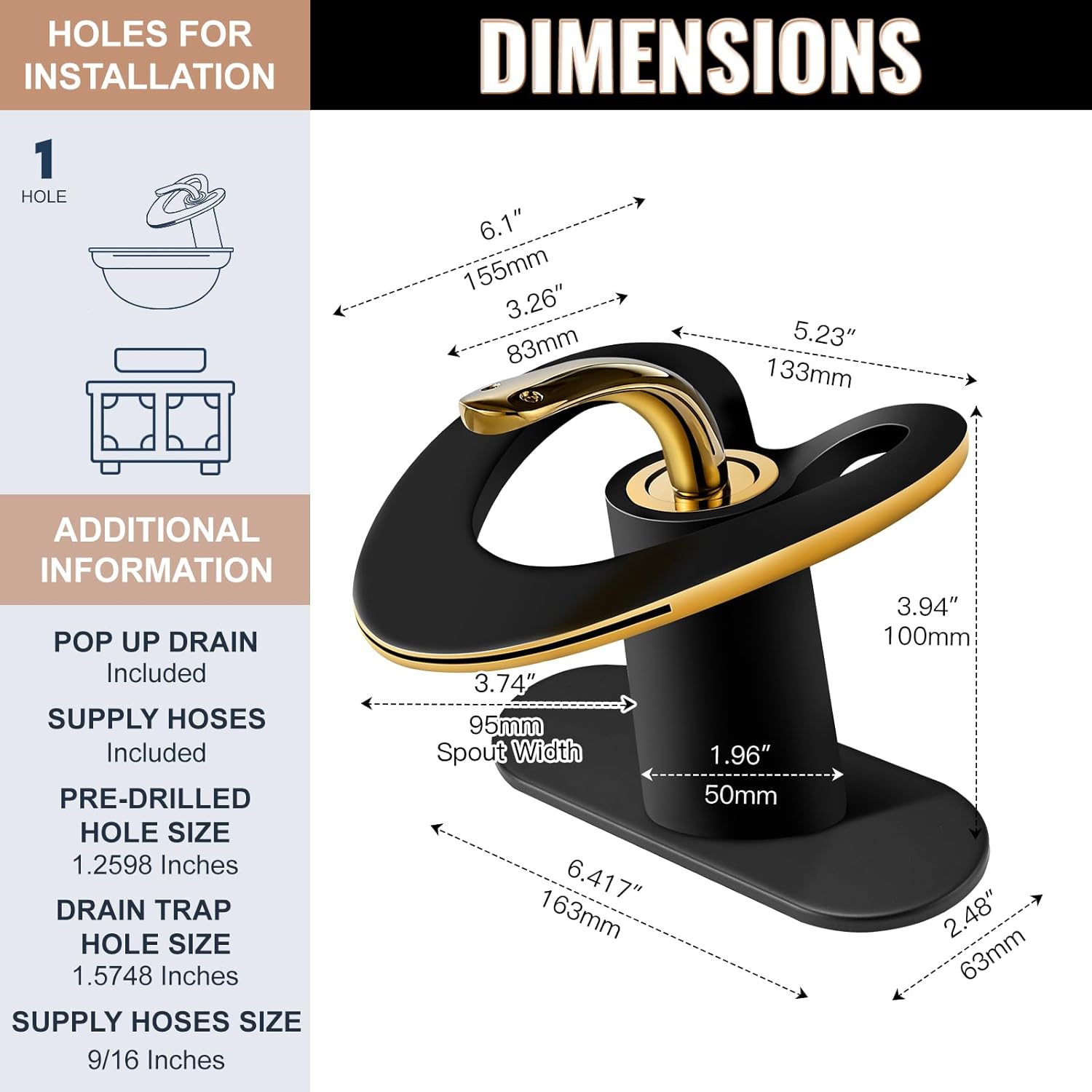 Black Gold Waterfall Sink Single Hole Vanity 1 Handle Brass Modern Unique Bathroom Faucets, 2 Tone Single Lever Copper Swan Style Vessel Hollow Faucet with Deck Plate for 3 Hole - Image 5