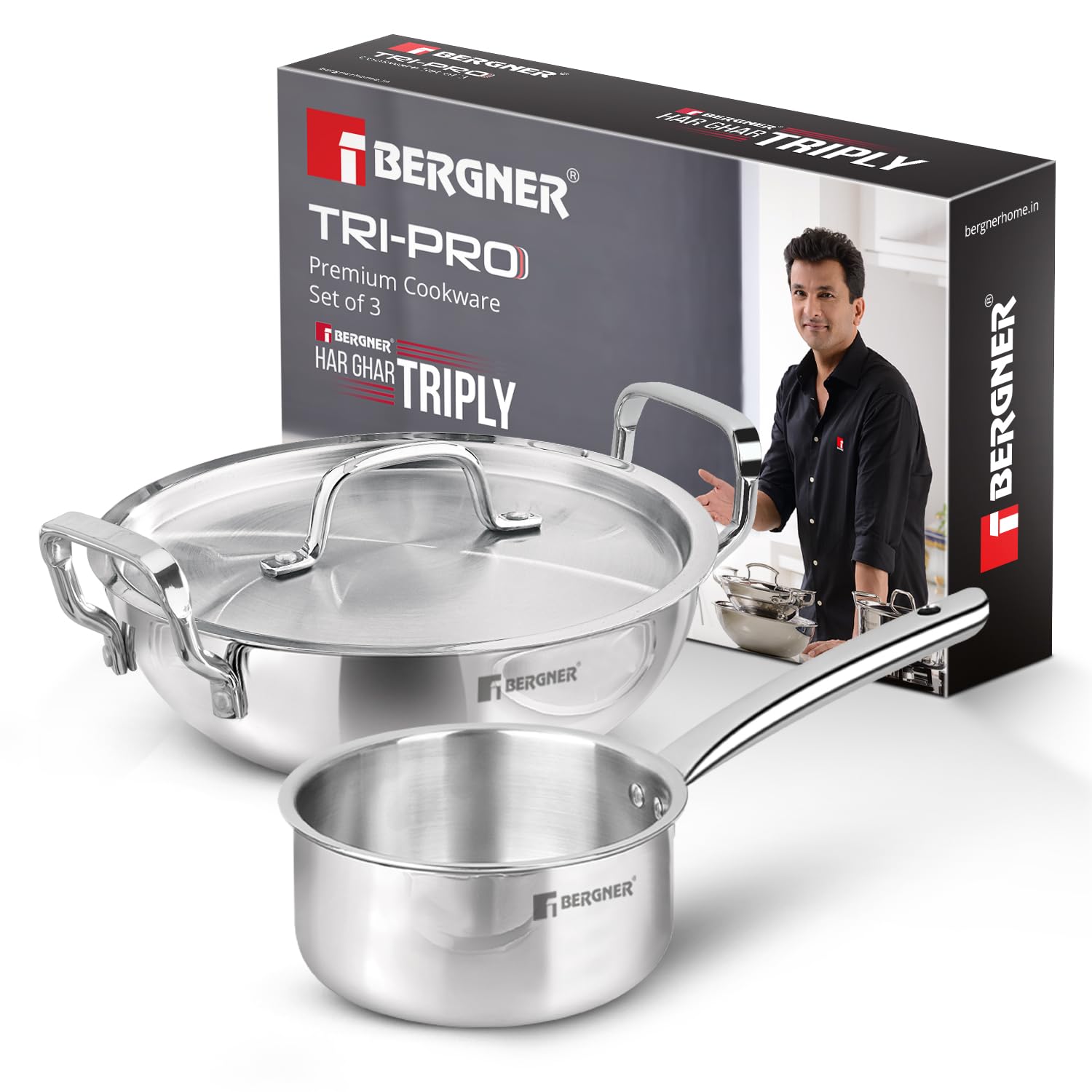 Bergner Tripro TriPly Stainless Steel 3 Pc Cookware Set, Set of 24 cm (3.1 L) Indian Wok/Kadai with Lid, 16 cm (1.7 L) Teapan Without Lid, Event Heating, Induction Bottom & Gas Ready, 5-Year Warranty