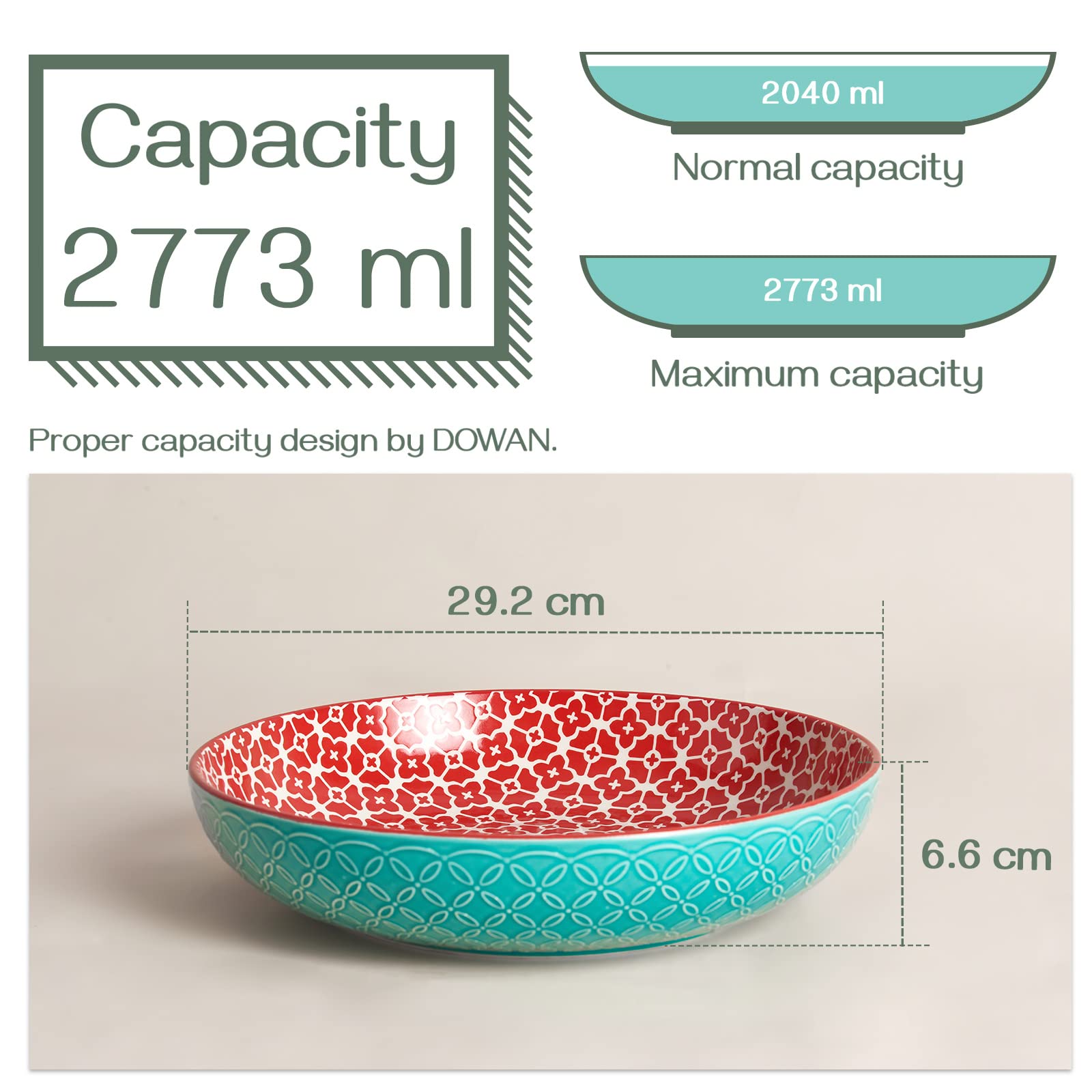 DOWAN Duże naczynia do serwowania, 2773ml półmis do indyka na przyjęcia, Boże Narodzenie, Ø29,5cm ceramiczny talerz do serwowania/miski na sałatki owocowe, makaron, żywe kolory, duże miski do