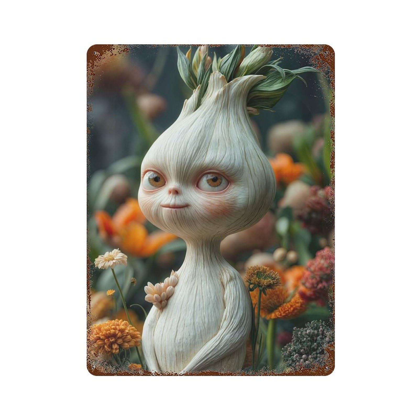 Decorative Tin Sign with Garlic Creature in Flowers Design 15.7"x11.8", for Farmhouse, Kitchen And Entryway Decor, Old School Wall Decor