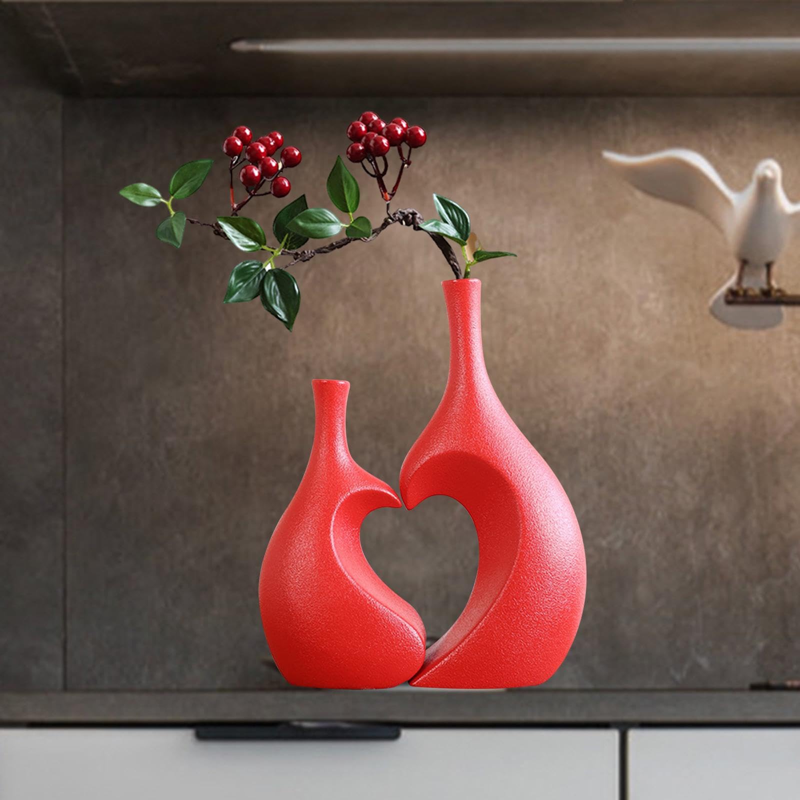 2 Vasi in Ceramica, Vasi Decorativi, Sculture, Portafiori dal Design Moderno a Forma di Cuore E Finitura Opaca per Matrimoni, Regali E Soggiorni, Rosso