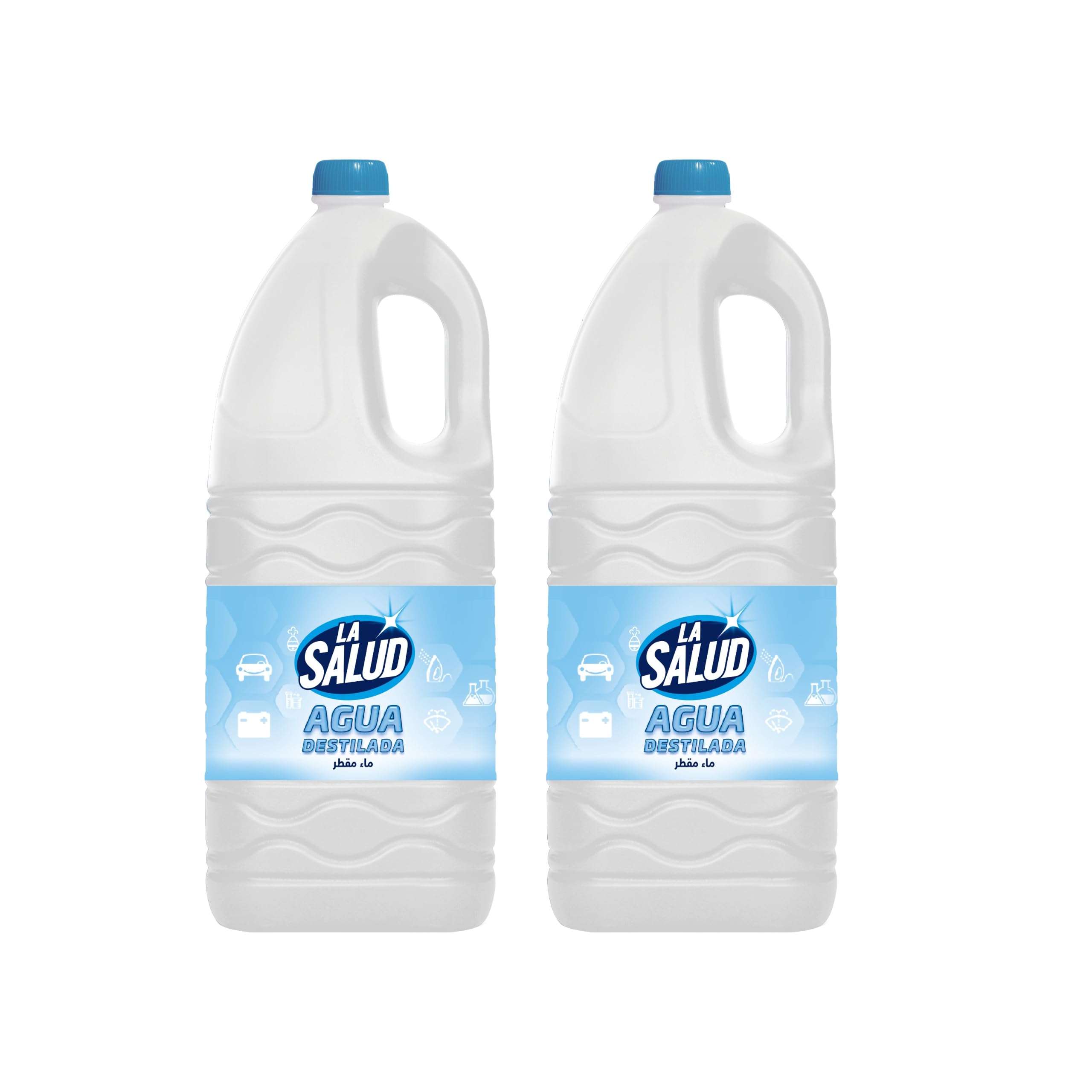 MUNTRADE La Salud Acqua Distillata 5L, Confezione da 2 Taniche | 10 Litri per Ferri da Stiro, Pulizia a Vapore, Umidificatori, Batterie, Radiatori e Tergicristalli | Uso Tecnico | Non Potabile