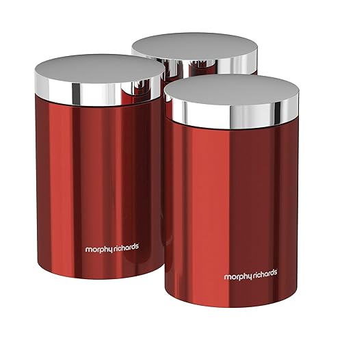 red rustic kitchen canisters for tea coffee and sugar in polished stainless steel