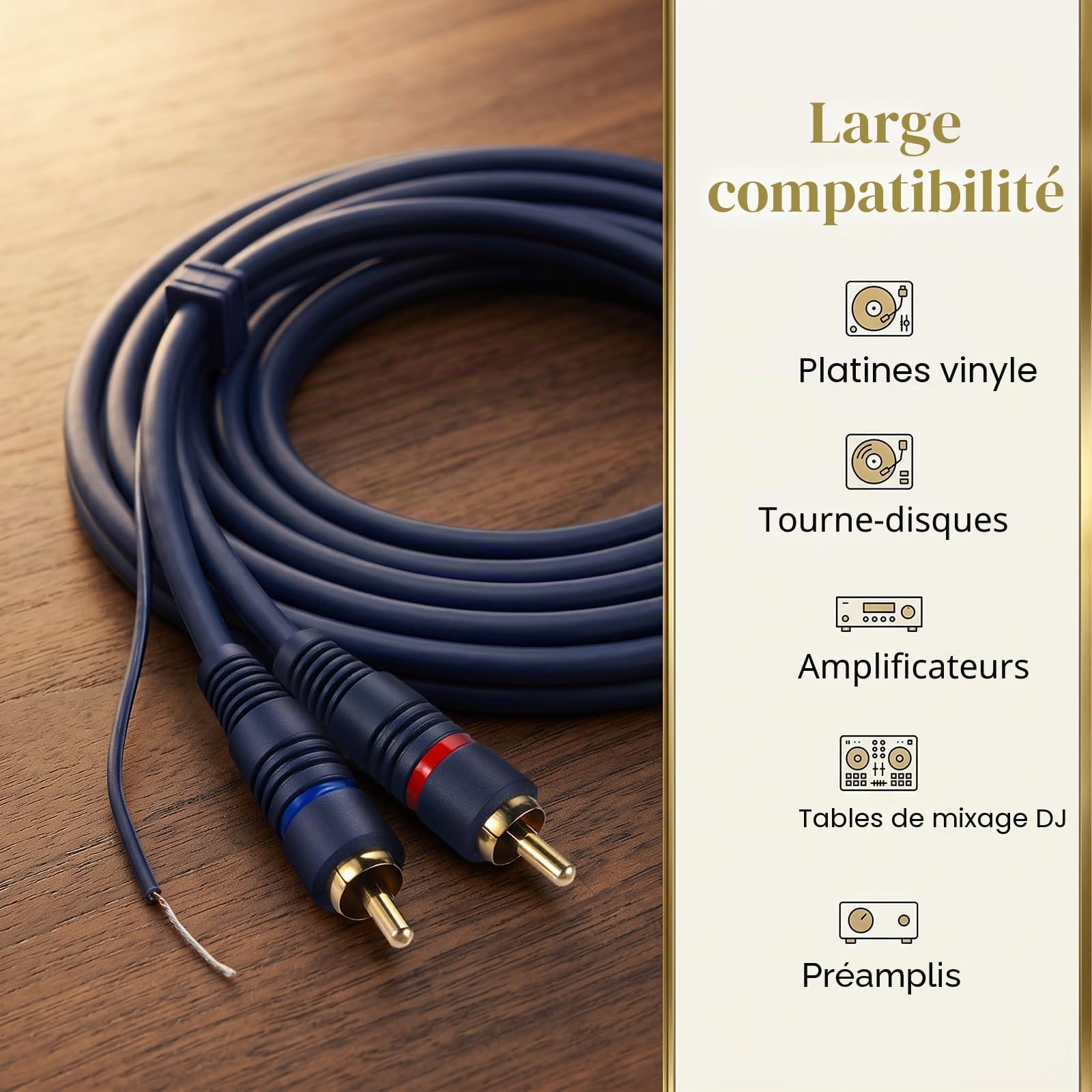 UIInosoo Câble RCA avec fil de terre, 1,8 m plaqué or 2RCA mâle vers 2RCA mâle, interconnexion stéréo pour platine, préamplificateur, tourne-disque, amplificateur