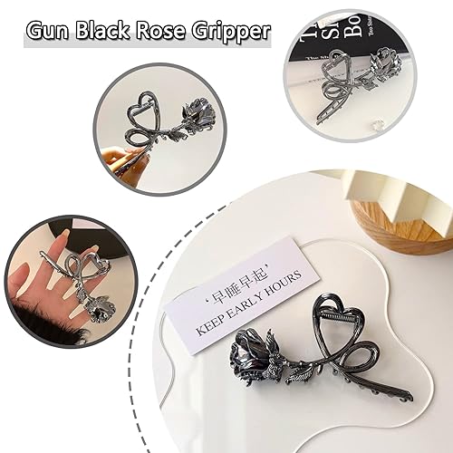 Miniatura 2 de 1 pinza de pelo con diseño de flores, pinzas de metal con rosas negras, pasador de pelo de gran tamaño, pinzas de tiburón para cabello grueso o
