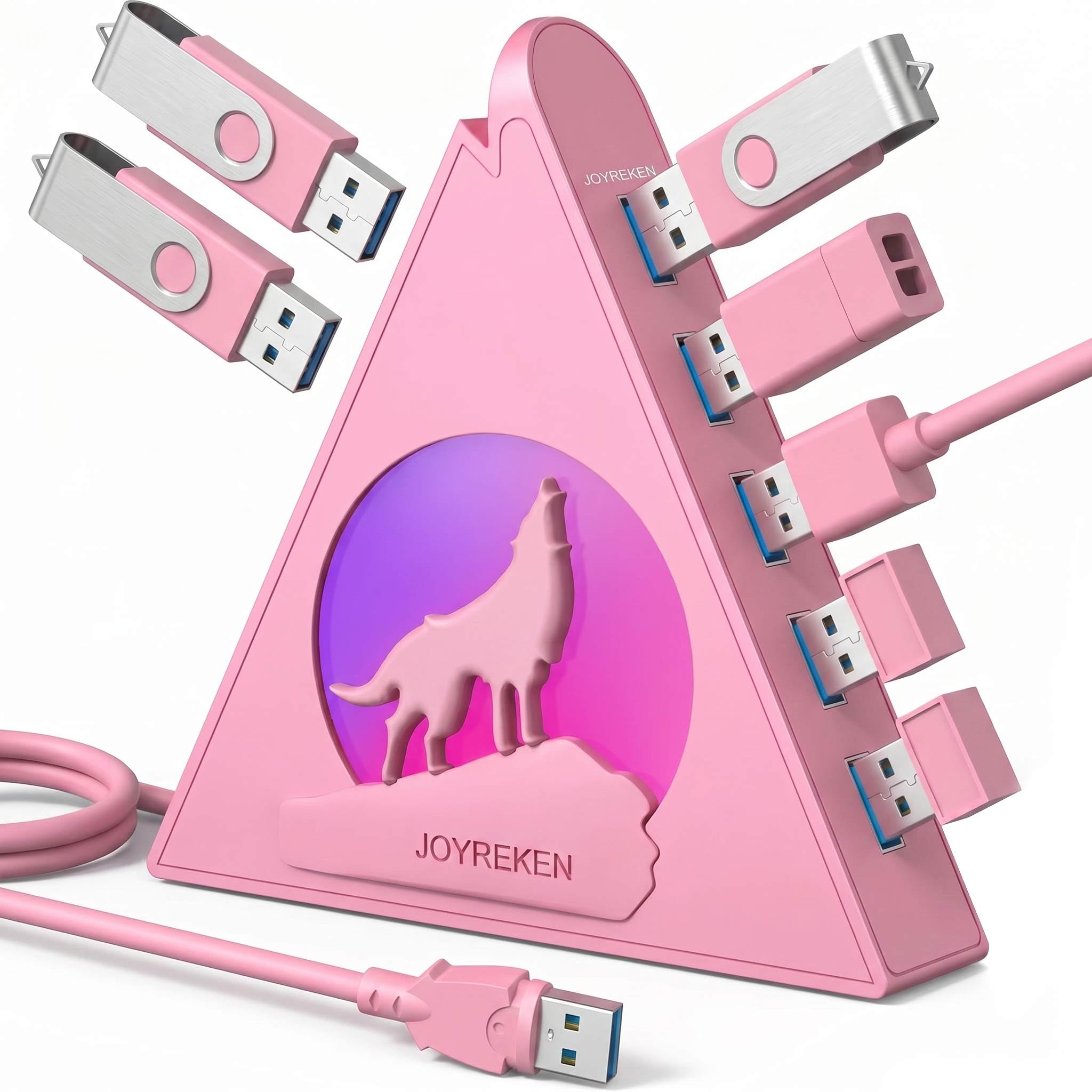 JoyReken 7 USB 3.0 Ports, Howling Wolf Pink USB Hub - 2FT Long Cable, Vertical USB Hub Ex…
