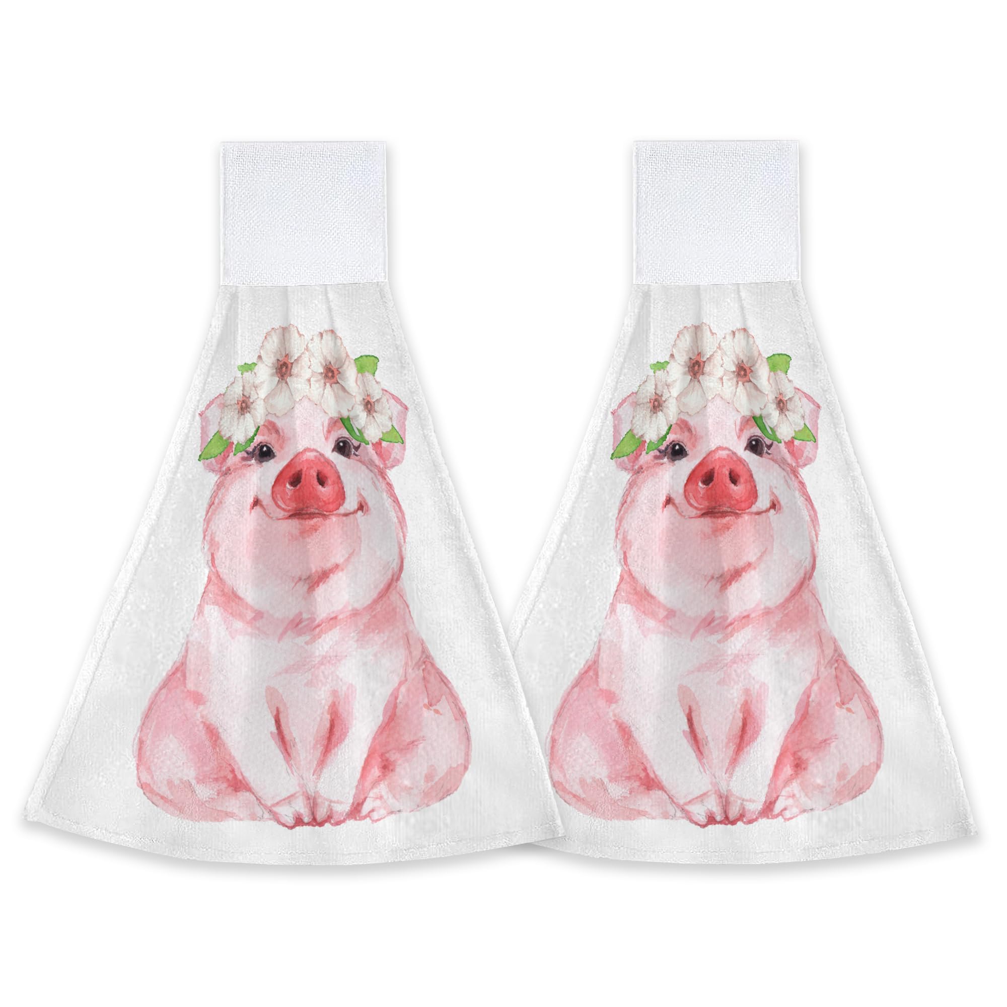 CIAIDU Cute Watercolor Pig Fingertip Hand Towels 2 Pieces Hanging Hand Bath Towel Tea Bar Towels for Bathroom Farmhouse Housewarming Tabletop Home