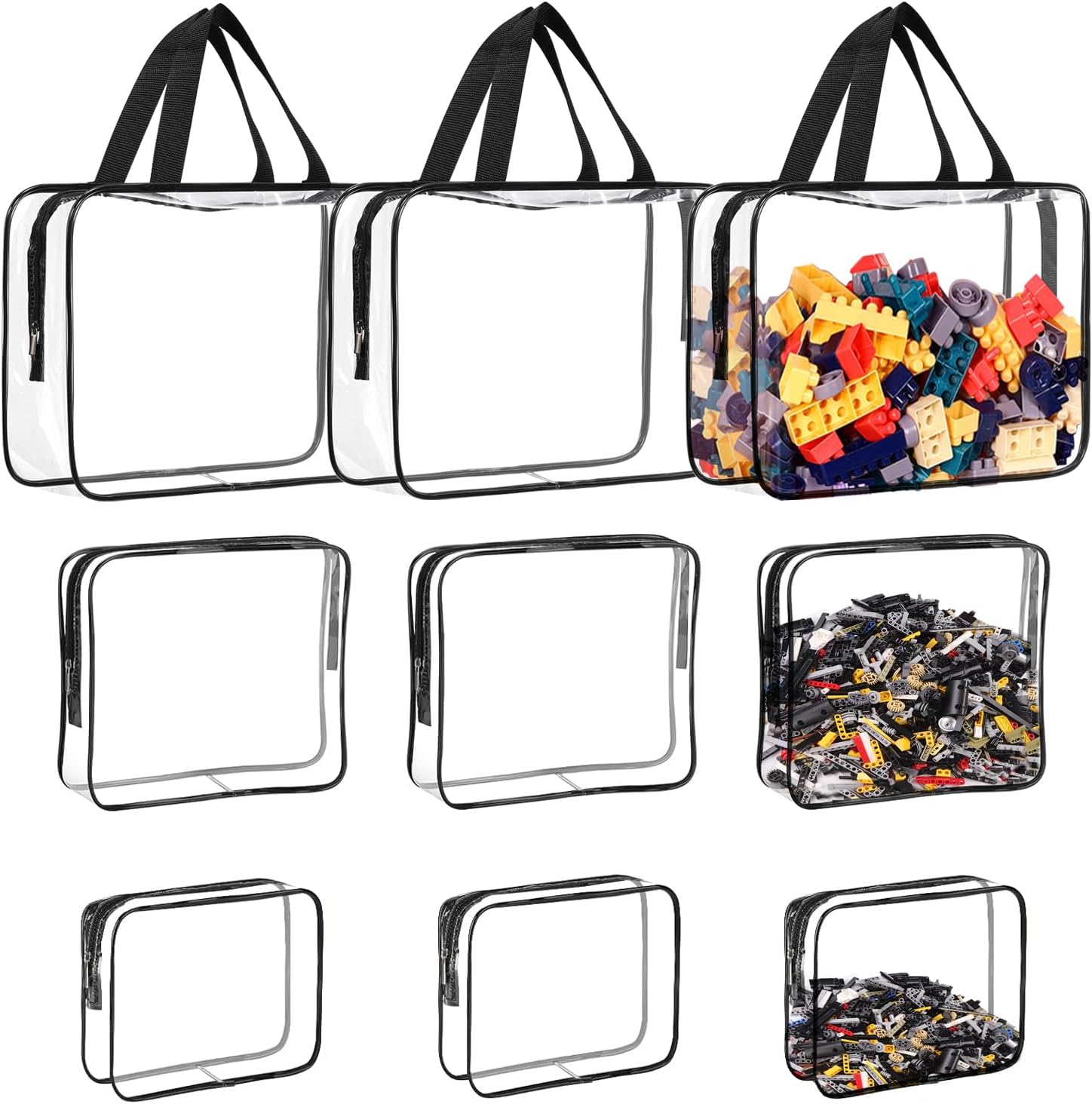 9 Packs Toy Storage Bags with Zipper,Lego Storage,Reusable Clear PVC Organizing Bags with Portable Handle,Travel Waterproof Organizer Bags for Building Blocks, Puzzle,Toys and Books(Black)